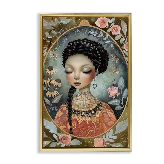 Stupell Industries Floral Edged Portrait of Woman Portrait Painting Gold Floater Framed Canvas Art Print Wall Art, 17 x 25