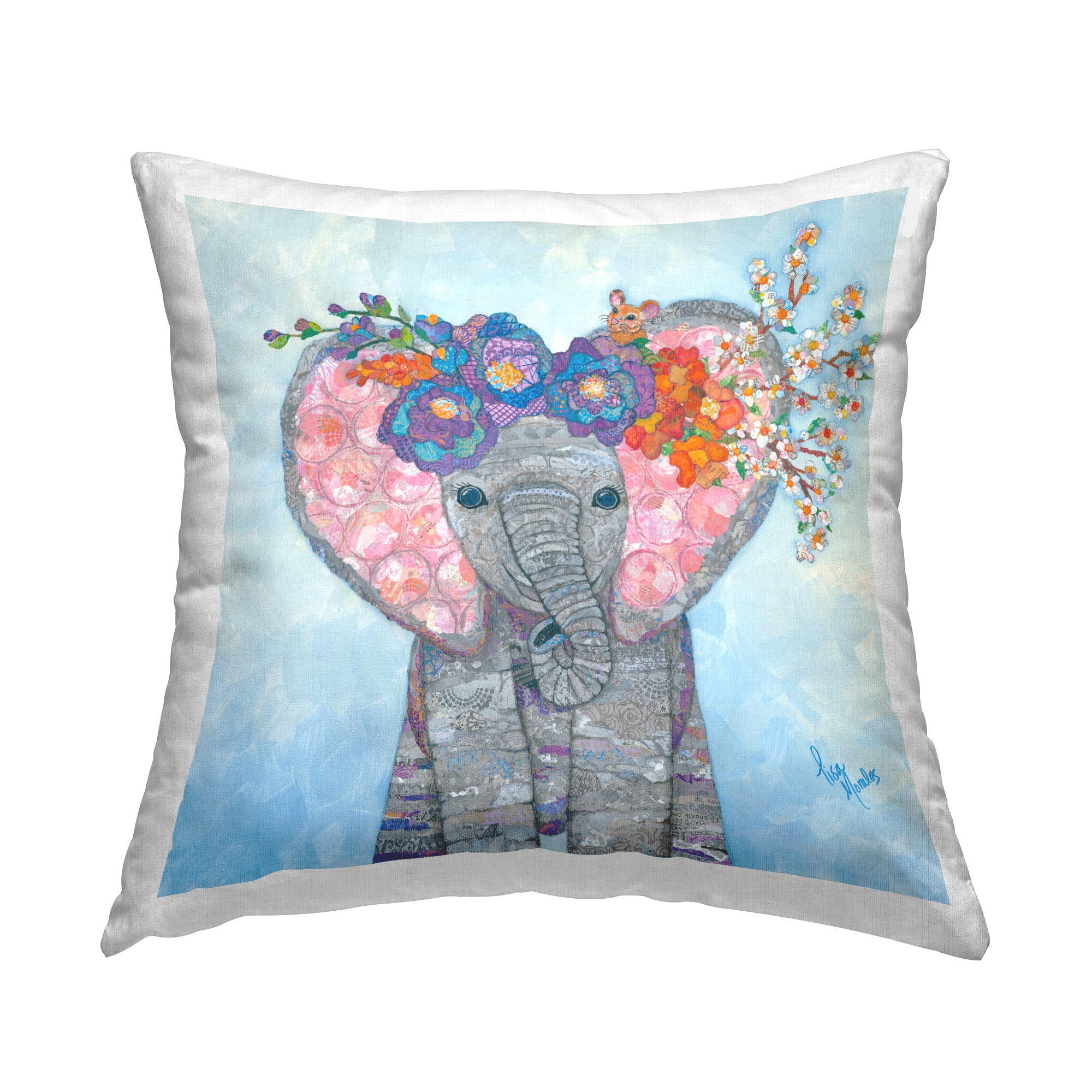 Stupell Industries Floral Elephant Patterned Blossoms Square Decorative Printed Throw Pillow, 18 x 18,