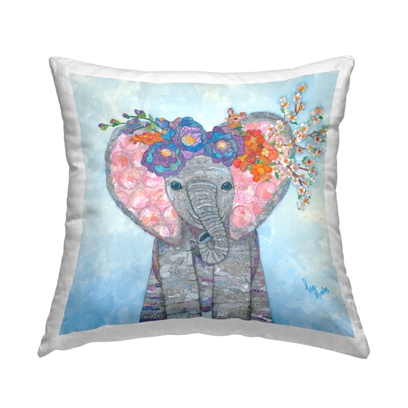 Stupell Industries Floral Elephant Patterned Blossoms Square Decorative Printed Throw Pillow, 18 x 18,