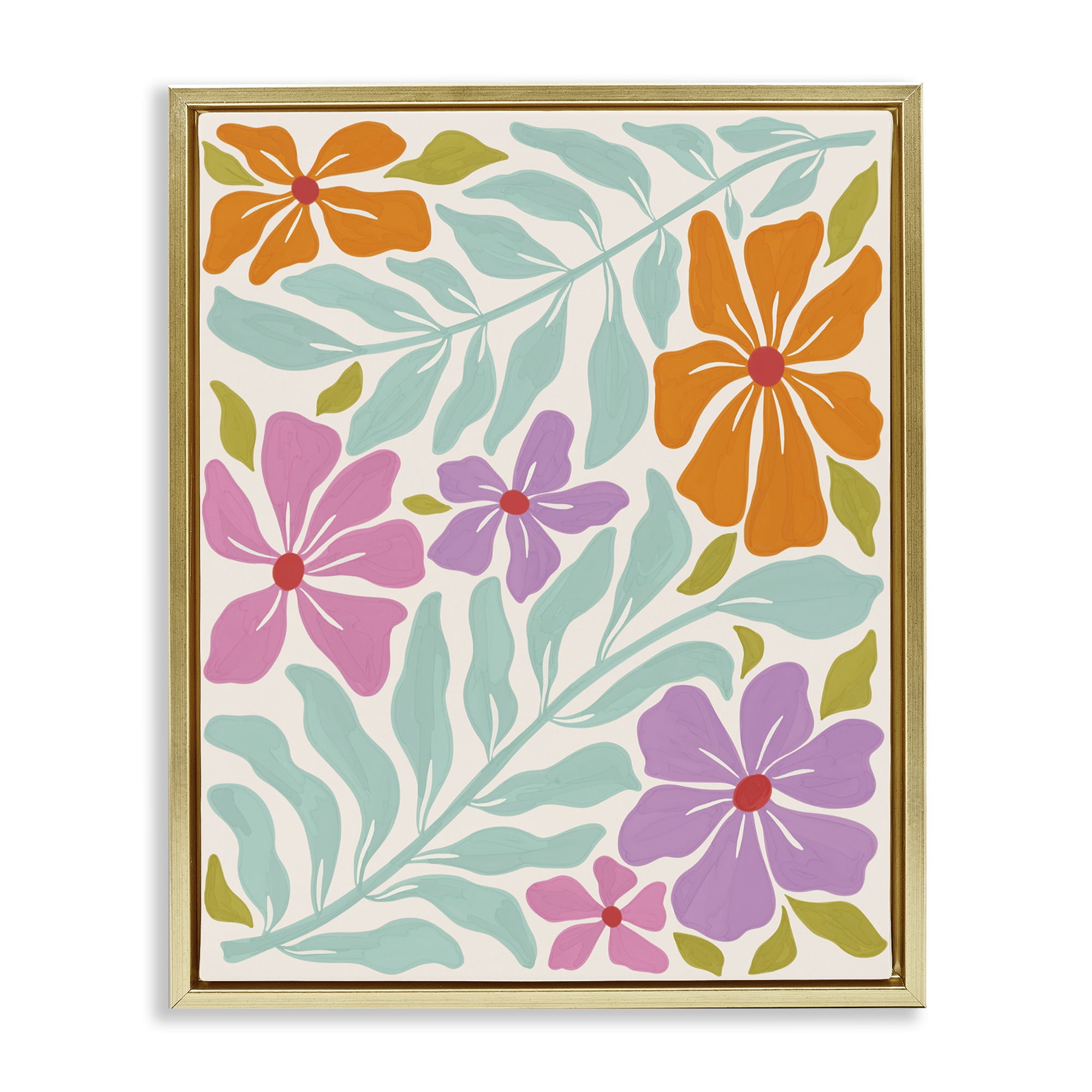 Stupell Industries Floral Energy Pattern Plants & Flowers Painting Gold Floater Framed Canvas Art Print Wall Art, 25 x 31