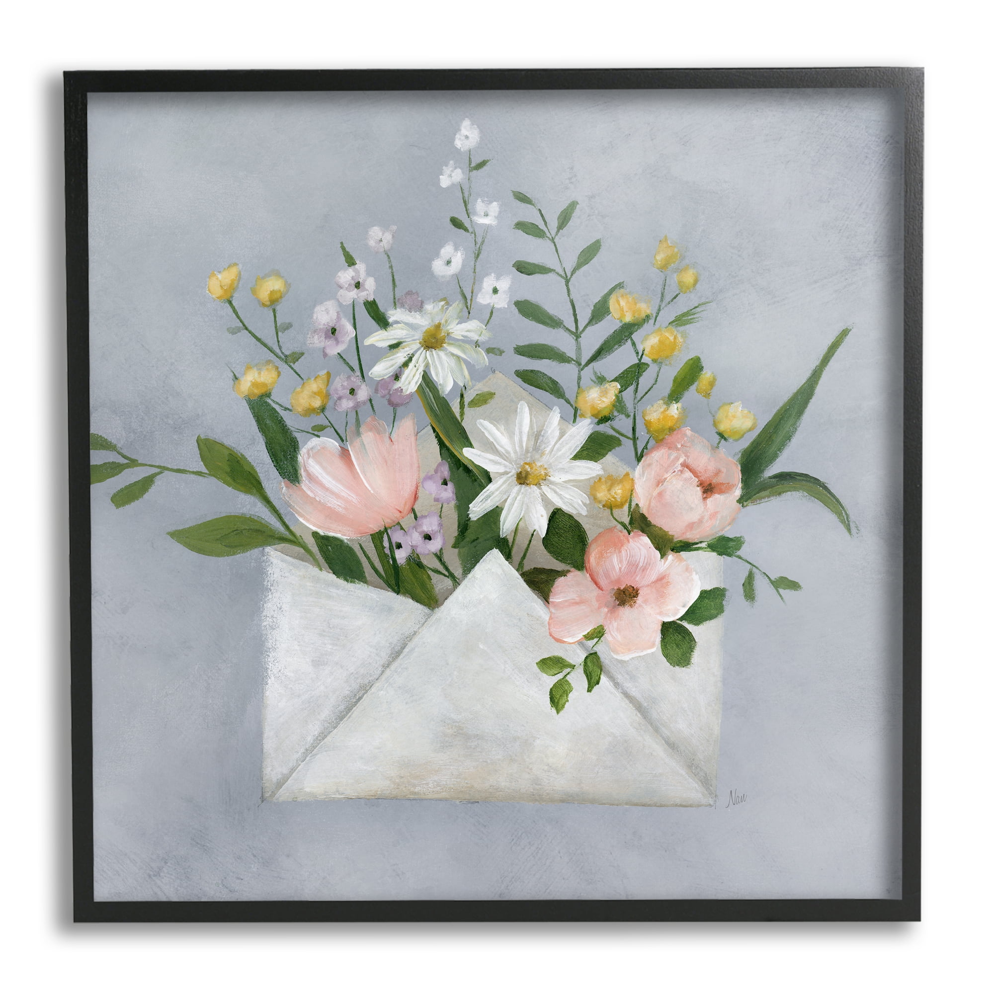 Stupell Industries Floral Envelope Blossoms Botanical & Floral Painting Black Framed Art Print Wall Art, 17 x 17