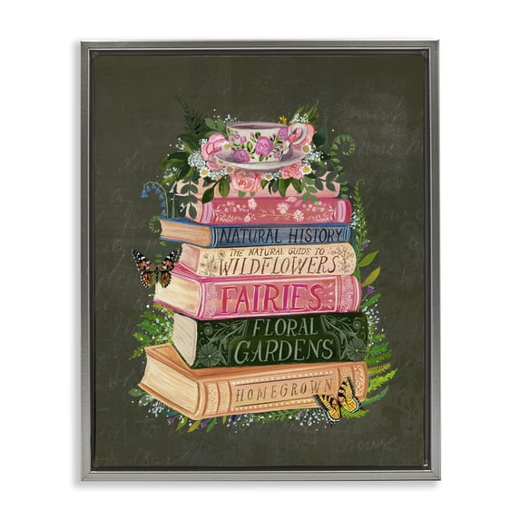 Stupell Industries Floral Fairy Book Stack Gray Framed Floater Canvas Wall Art design by Glad You're Here Co., 31 x 25