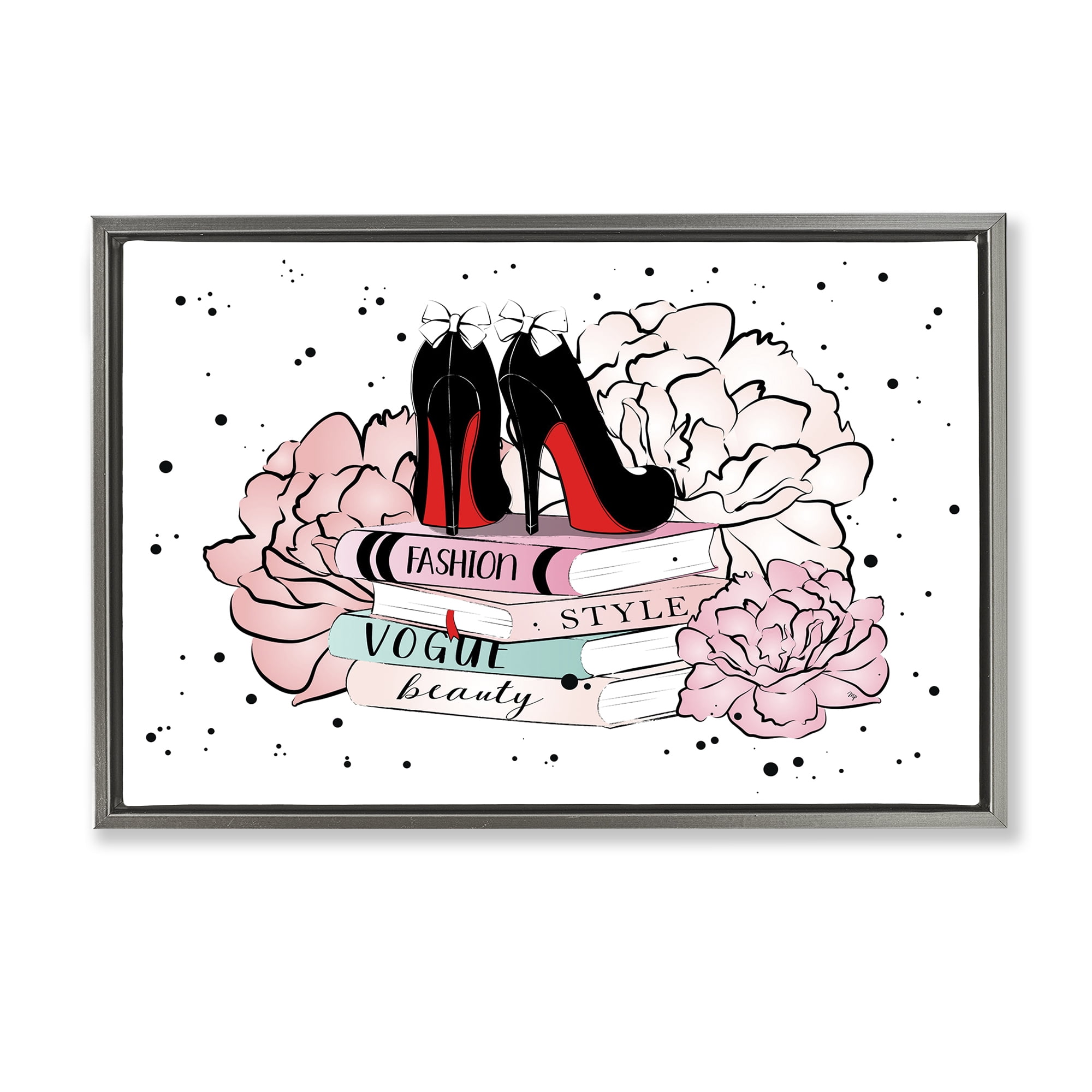 Stupell Industries Floral Fashion Books Fashion Painting Gray Floater Framed Canvas Art Print Wall Art, 31 x 21