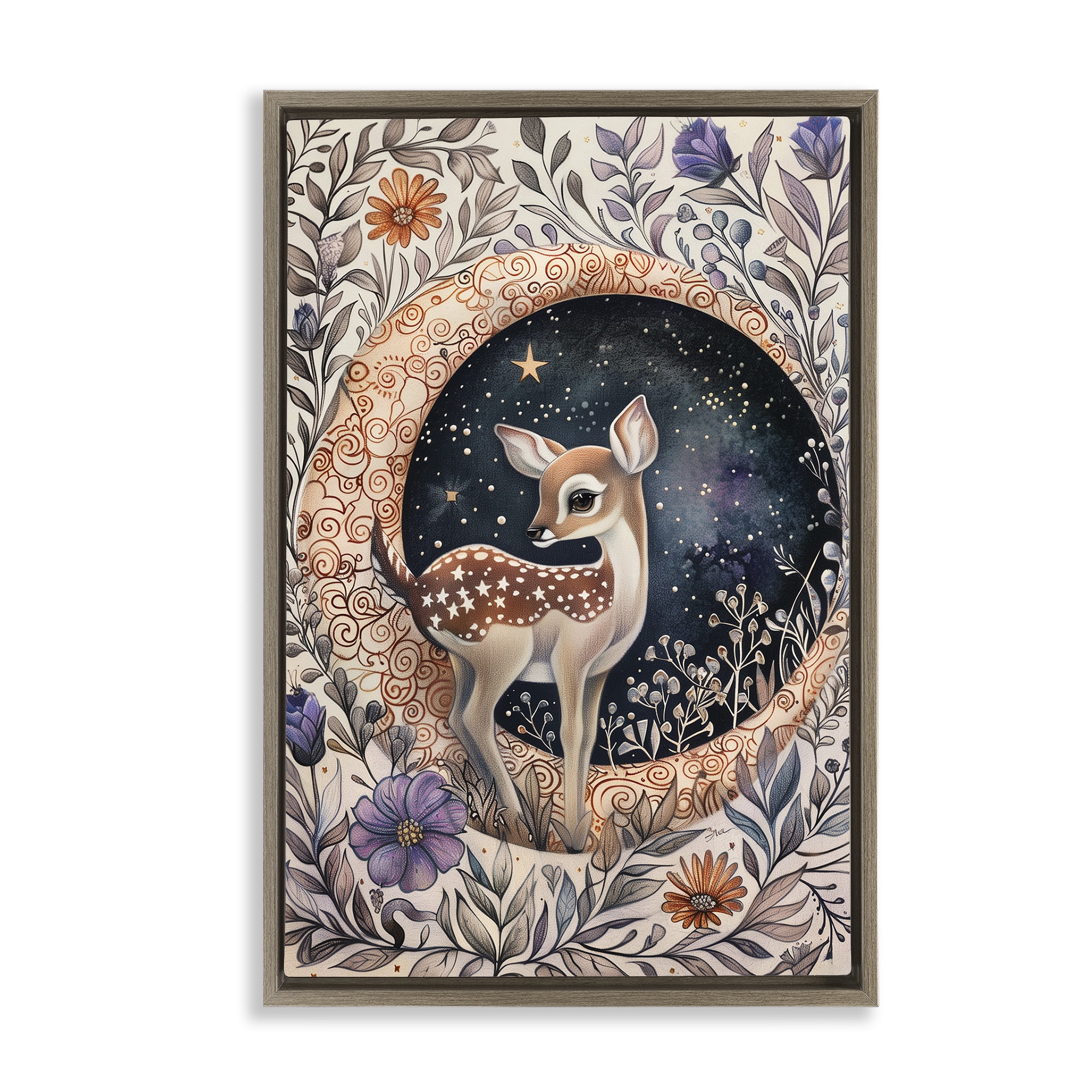 Stupell Industries Floral Fawn & Moon Animals & Insects Painting Brown Floater Framed Art Print Wall Art, 21 x 31