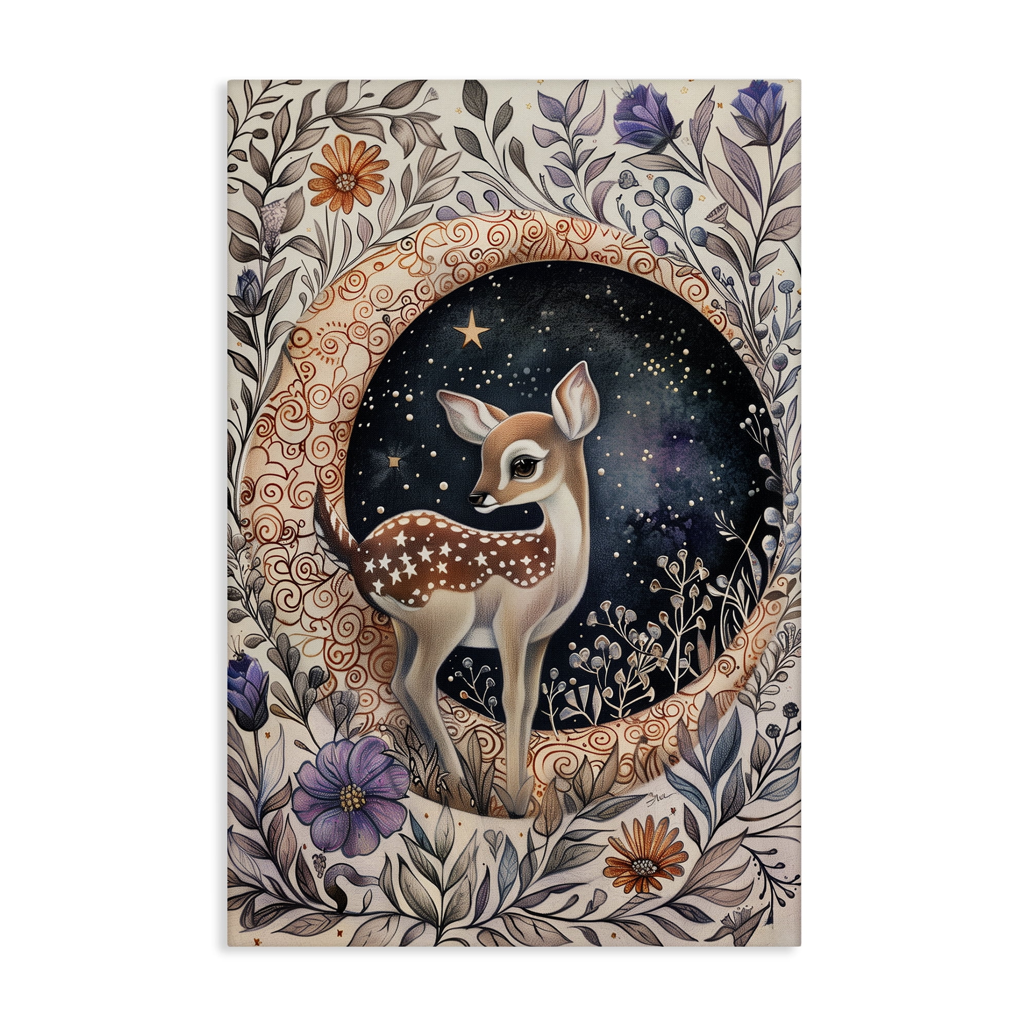 Stupell Industries Floral Fawn & Moon Animals & Insects Painting Gallery Wrapped Canvas Art Print Wall Art, 20 x 30