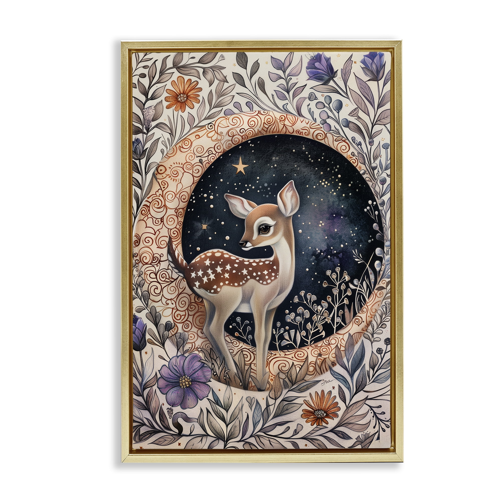 Stupell Industries Floral Fawn & Moon Animals & Insects Painting Gold Floater Framed Art Print Wall Art, 21 x 31