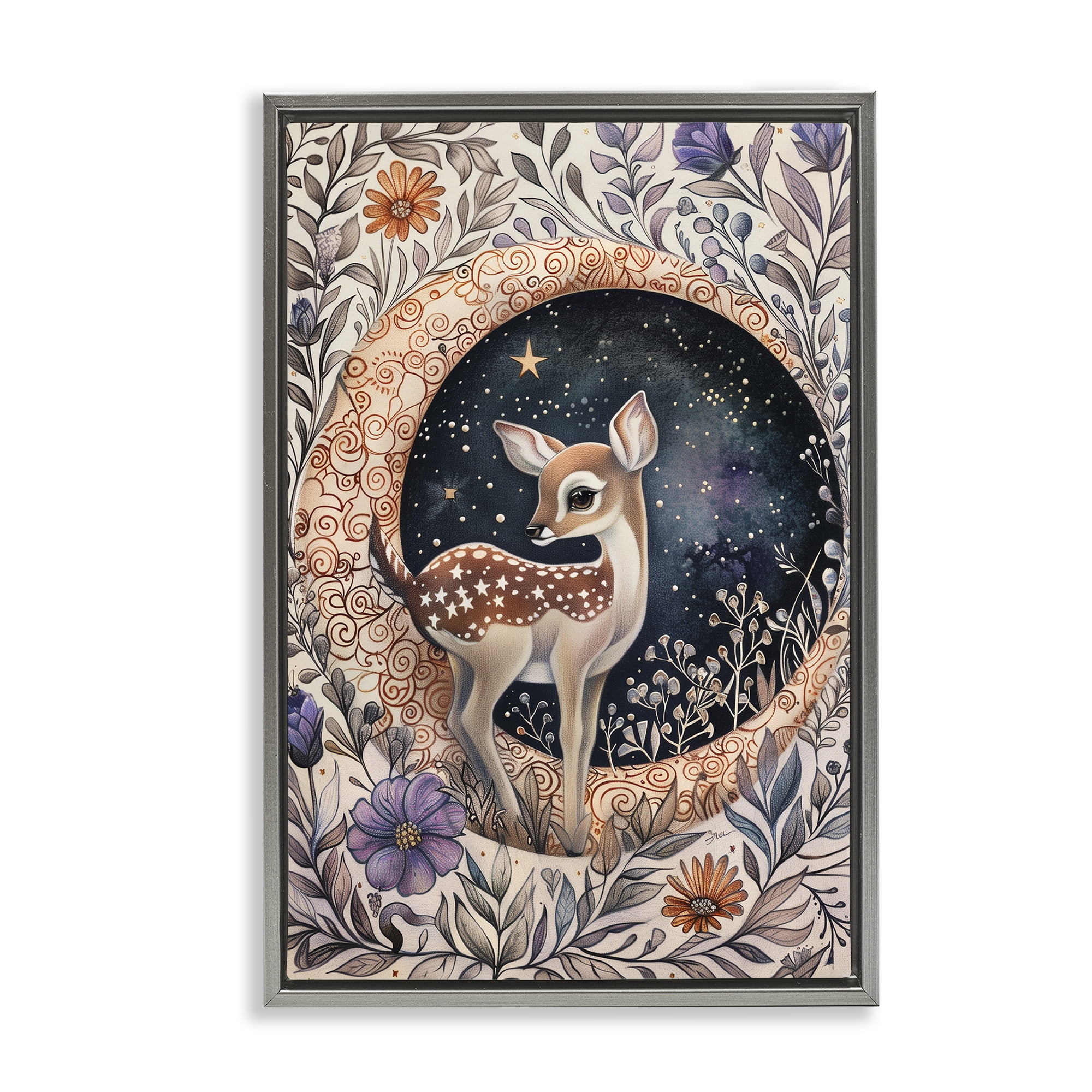 Stupell Industries Floral Fawn & Moon Animals & Insects Painting Gray Floater Framed Art Print Wall Art, 17 x 25
