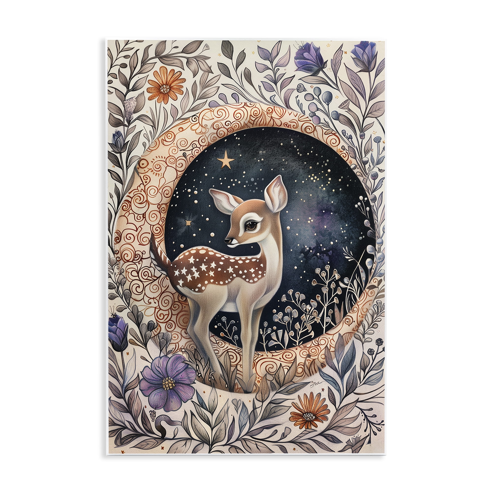 Stupell Industries Floral Fawn & Moon Animals & Insects Painting Unframed Art Print Wall Art, 13 x 19