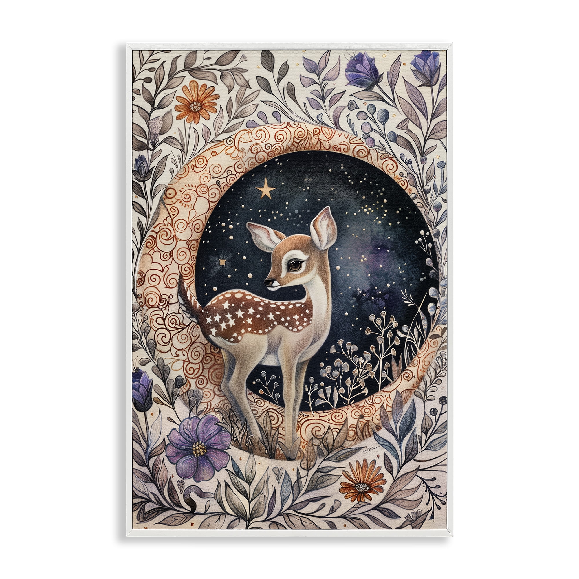 Stupell Industries Floral Fawn & Moon Animals & Insects Painting White Framed Art Print Wall Art, 12 x 18