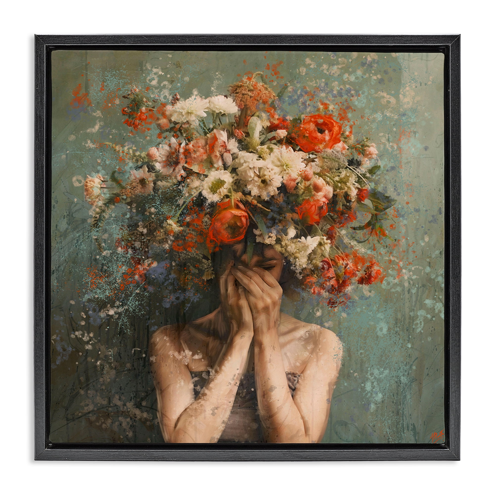 Stupell Industries Floral Figure Portrait Floral & Botanical Painting Black Floater Framed Canvas Art Print Wall Art, 25 x 25