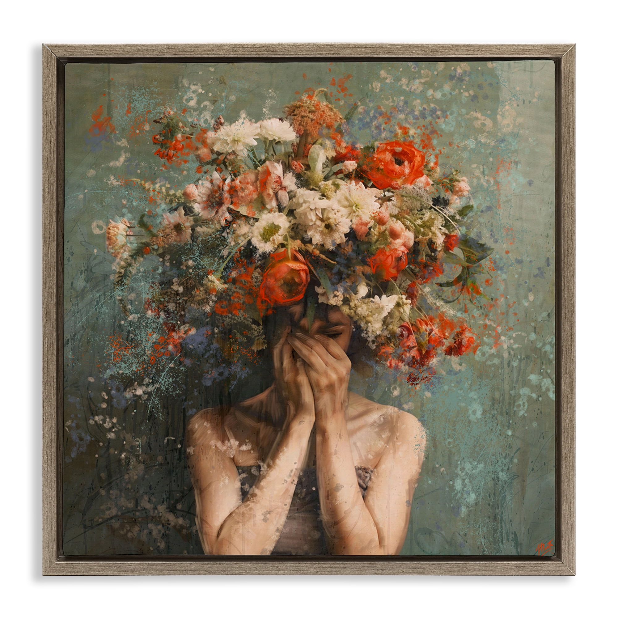 Stupell Industries Floral Figure Portrait Floral & Botanical Painting Brown Floater Framed Canvas Art Print Wall Art, 18 x 18
