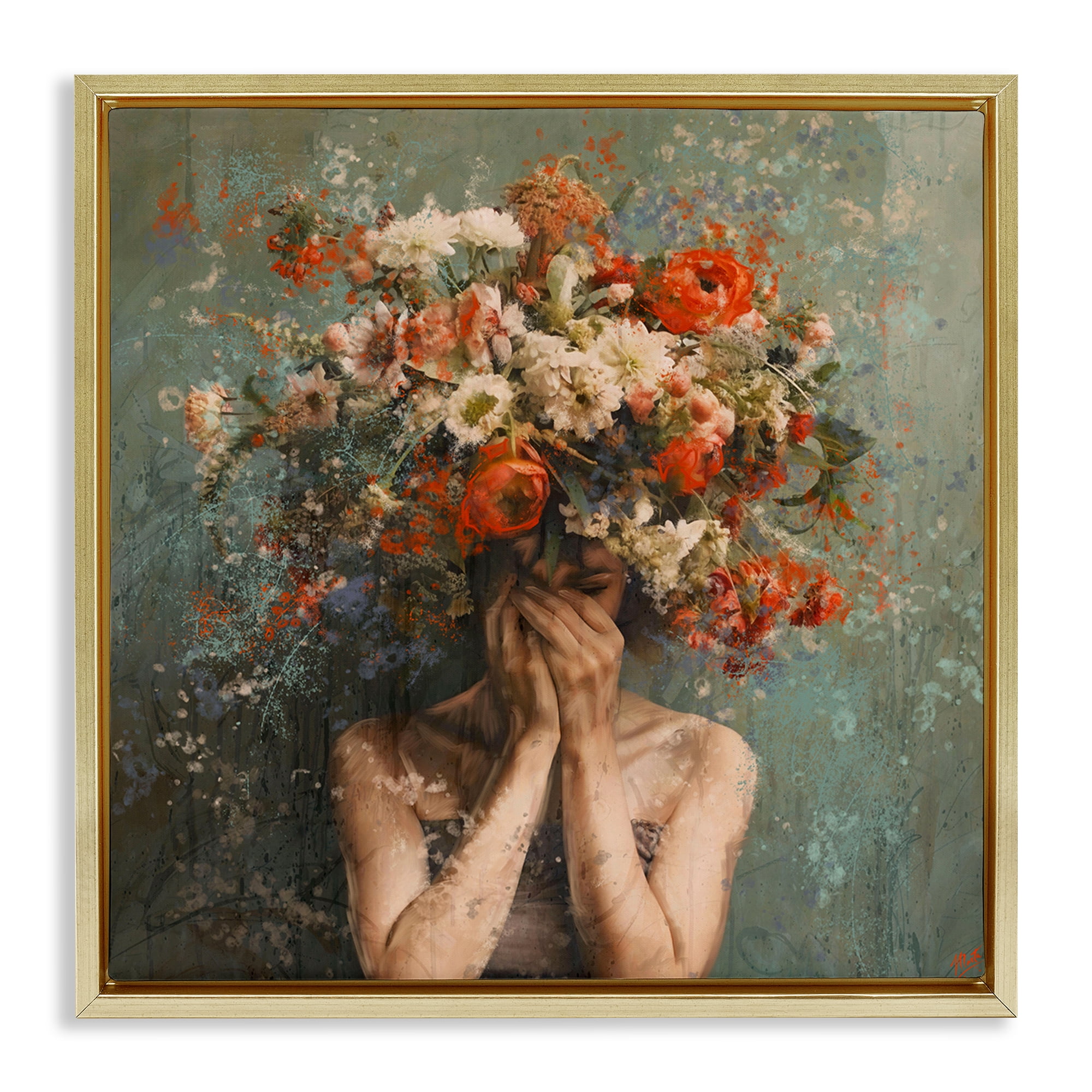 Stupell Industries Floral Figure Portrait Floral & Botanical Painting Gold Floater Framed Canvas Art Print Wall Art, 25 x 25
