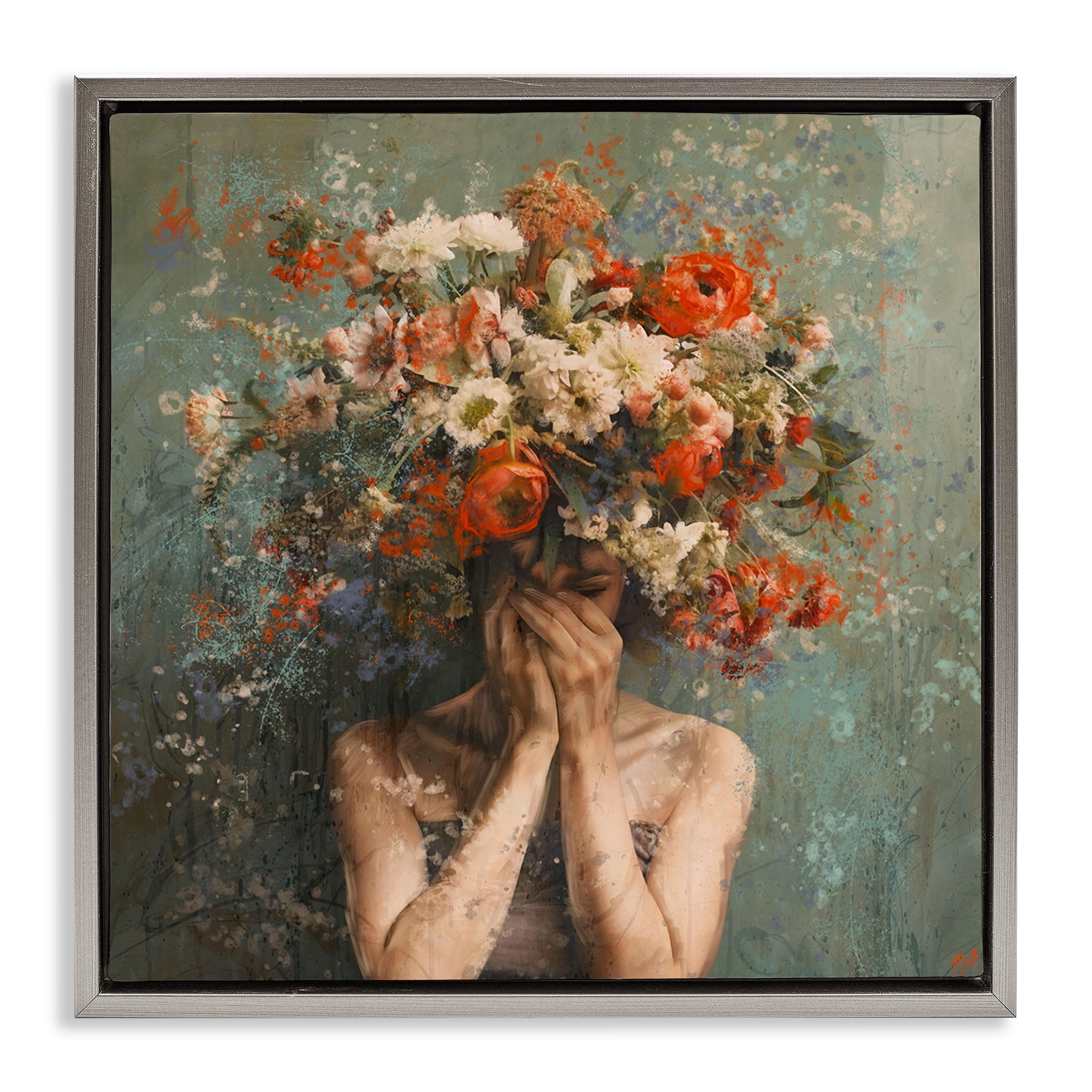 Stupell Industries Floral Figure Portrait Floral & Botanical Painting Gray Floater Framed Canvas Art Print Wall Art, 18 x 18