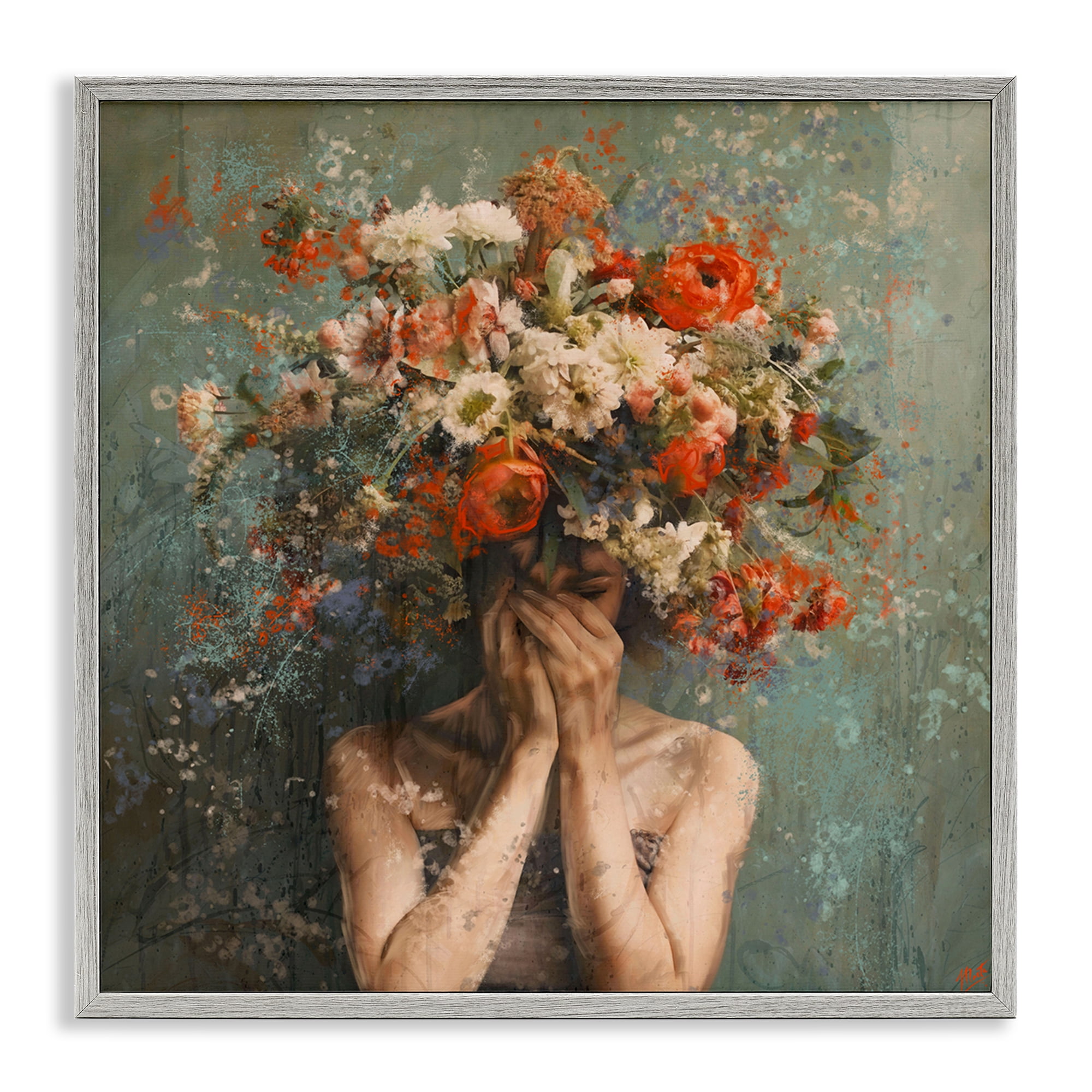 Stupell Industries Floral Figure Portrait Floral & Botanical Painting Gray Framed Art Print Wall Art, 24 x 24