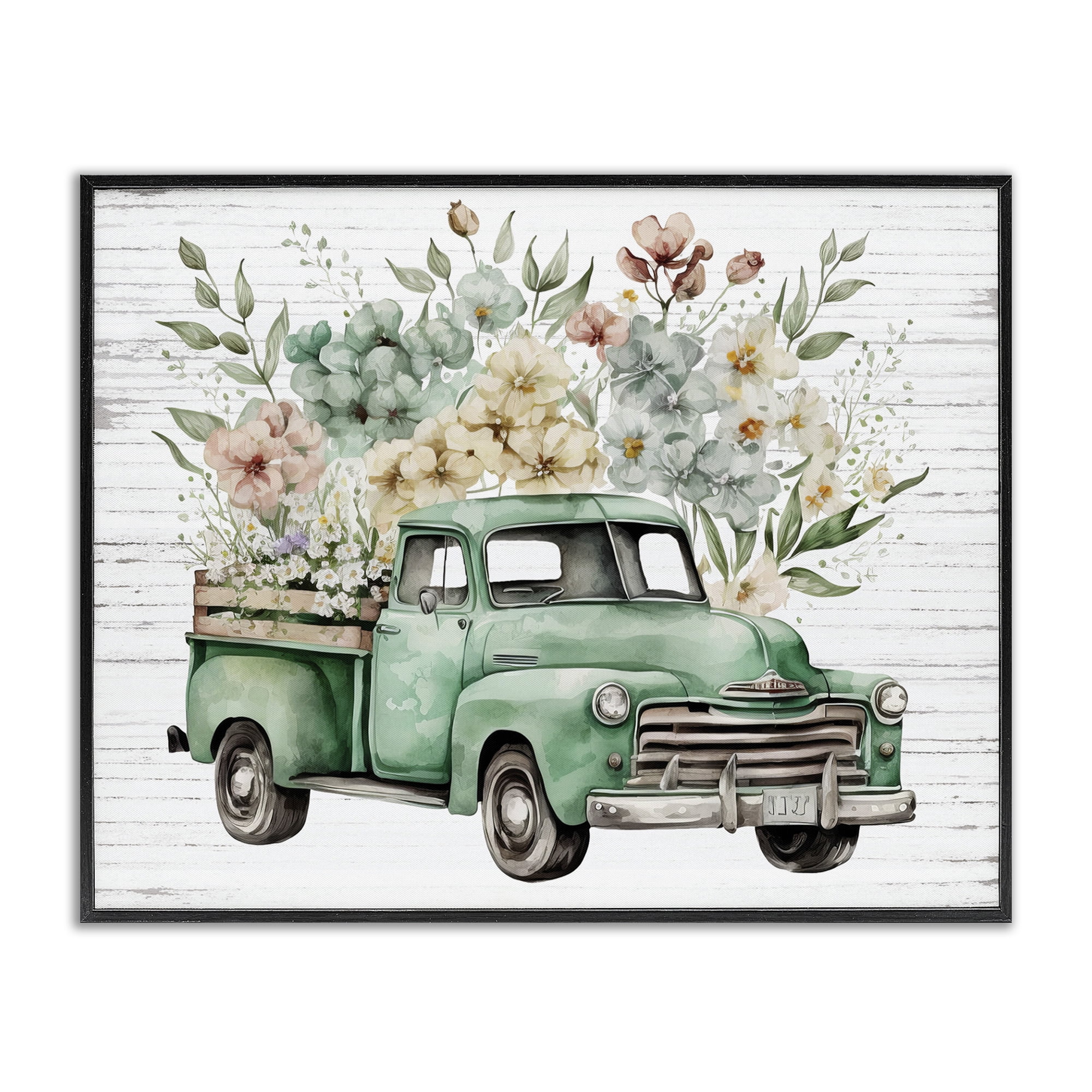 Stupell Industries Floral Filled Truck Transportation Painting Black Framed Art Print Wall Art, 14 x 11