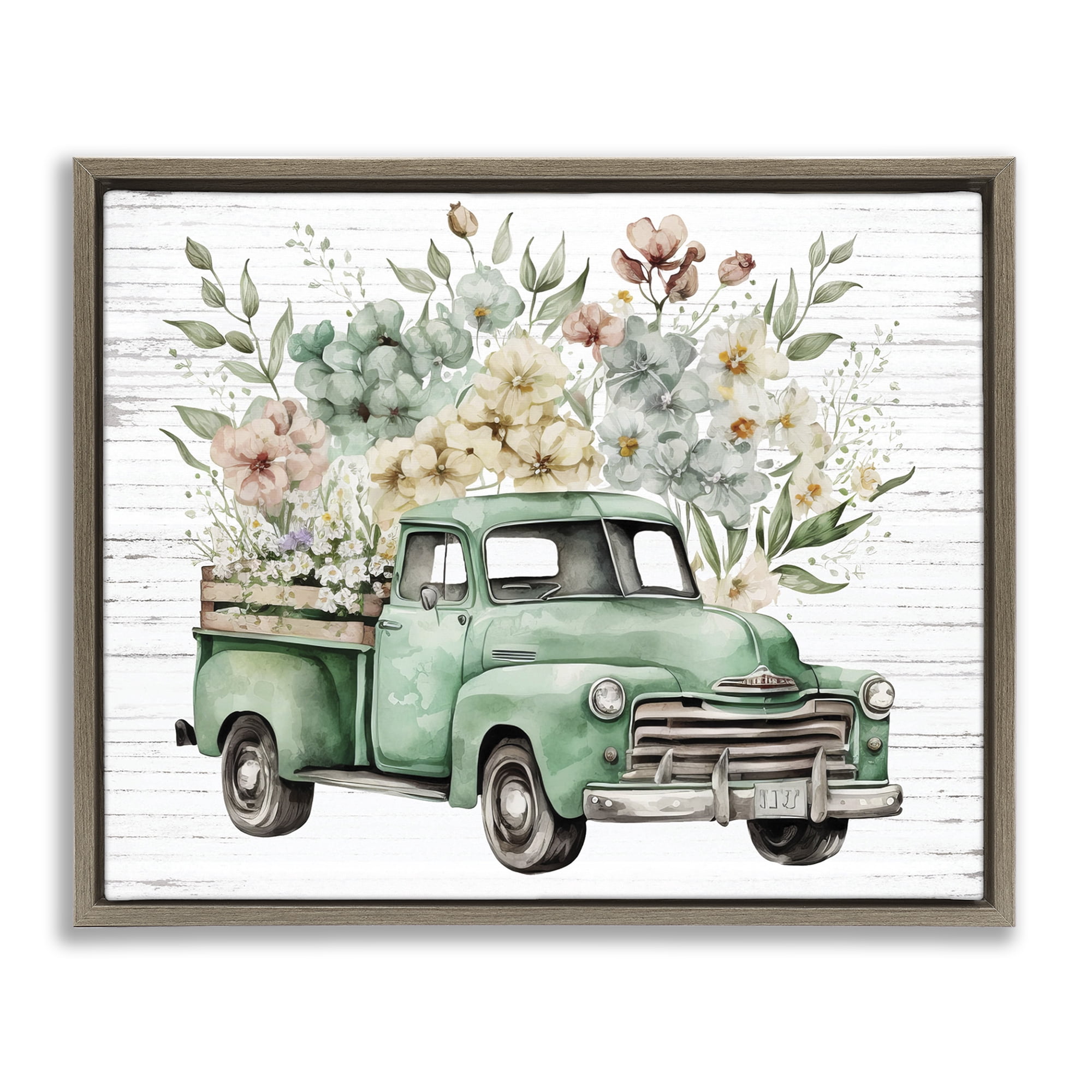 Stupell Industries Floral Filled Truck Transportation Painting Brown Floater Framed Canvas Art Print Wall Art, 21 x 17