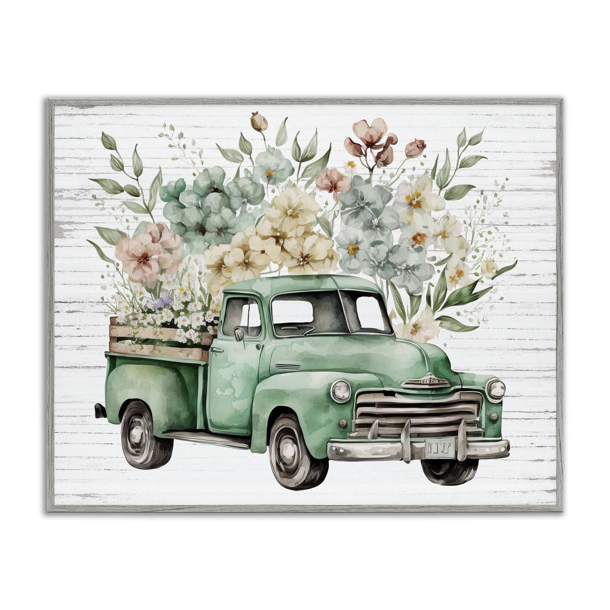 Stupell Industries Floral Filled Truck Transportation Painting Gray Framed Art Print Wall Art, 20 x 16
