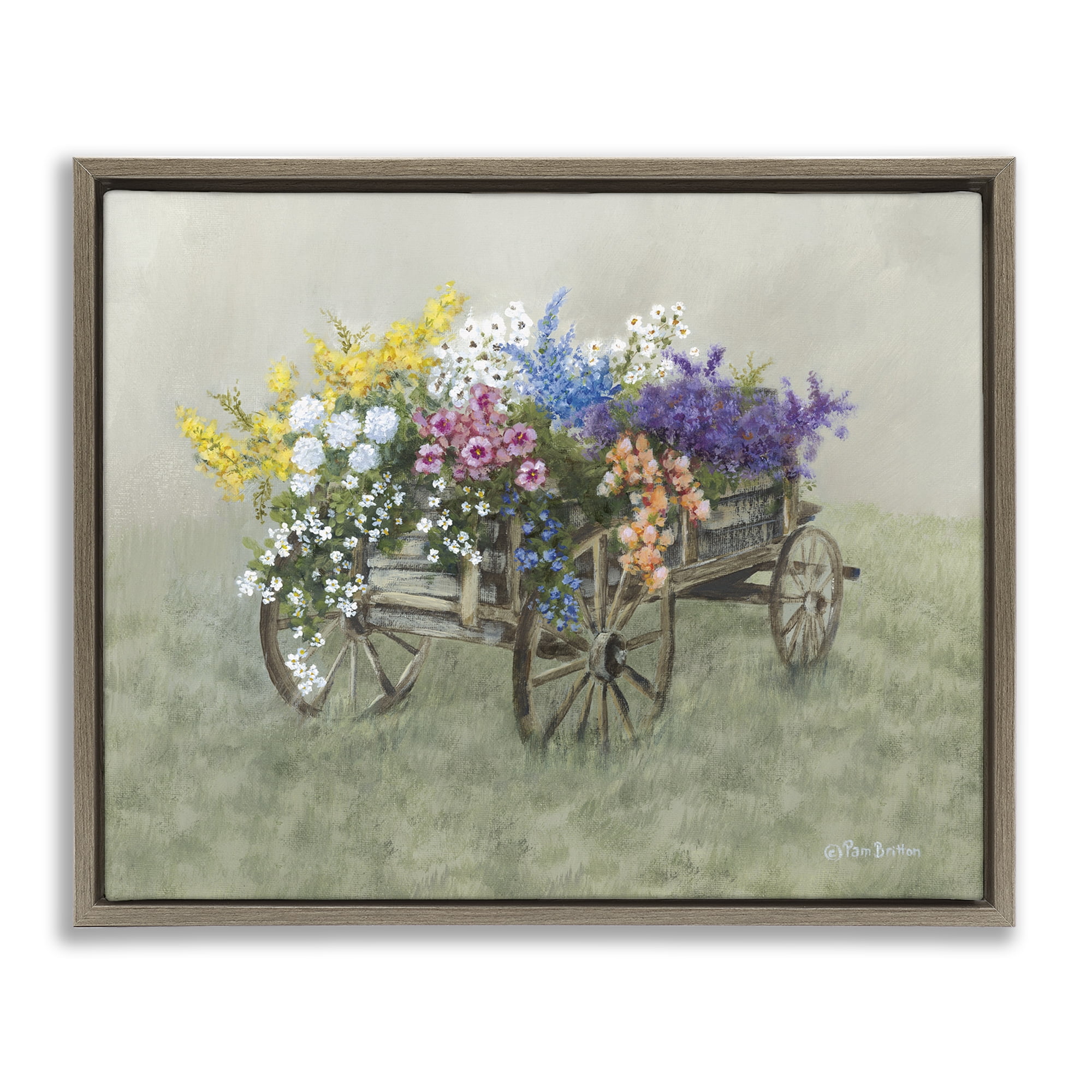 Stupell Industries Floral Filled Wagon Botanical & Floral Painting Brown Floater Framed Canvas Art Print Wall Art, 21 x 17