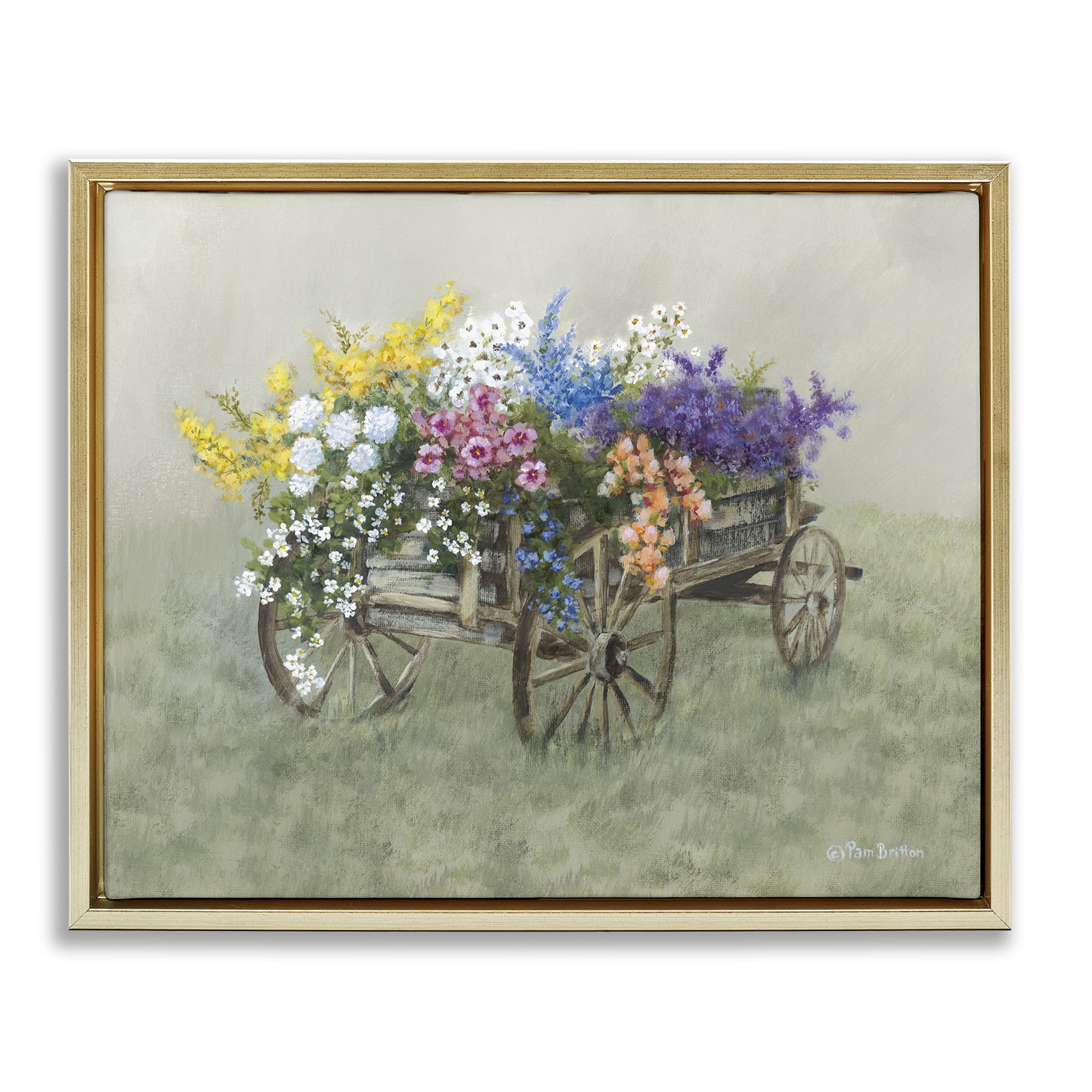 Stupell Industries Floral Filled Wagon Botanical & Floral Painting Gold Floater Framed Canvas Art Print Wall Art, 31 x 25