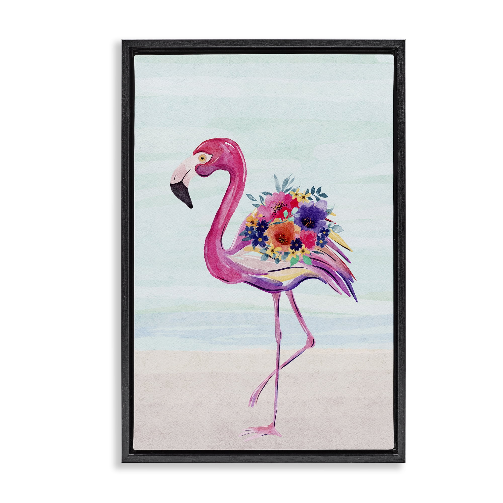 Stupell Industries Floral Flamingo Beach Plants & Flowers Painting Black Floater Framed Canvas Art Print Wall Art, 17 x 25