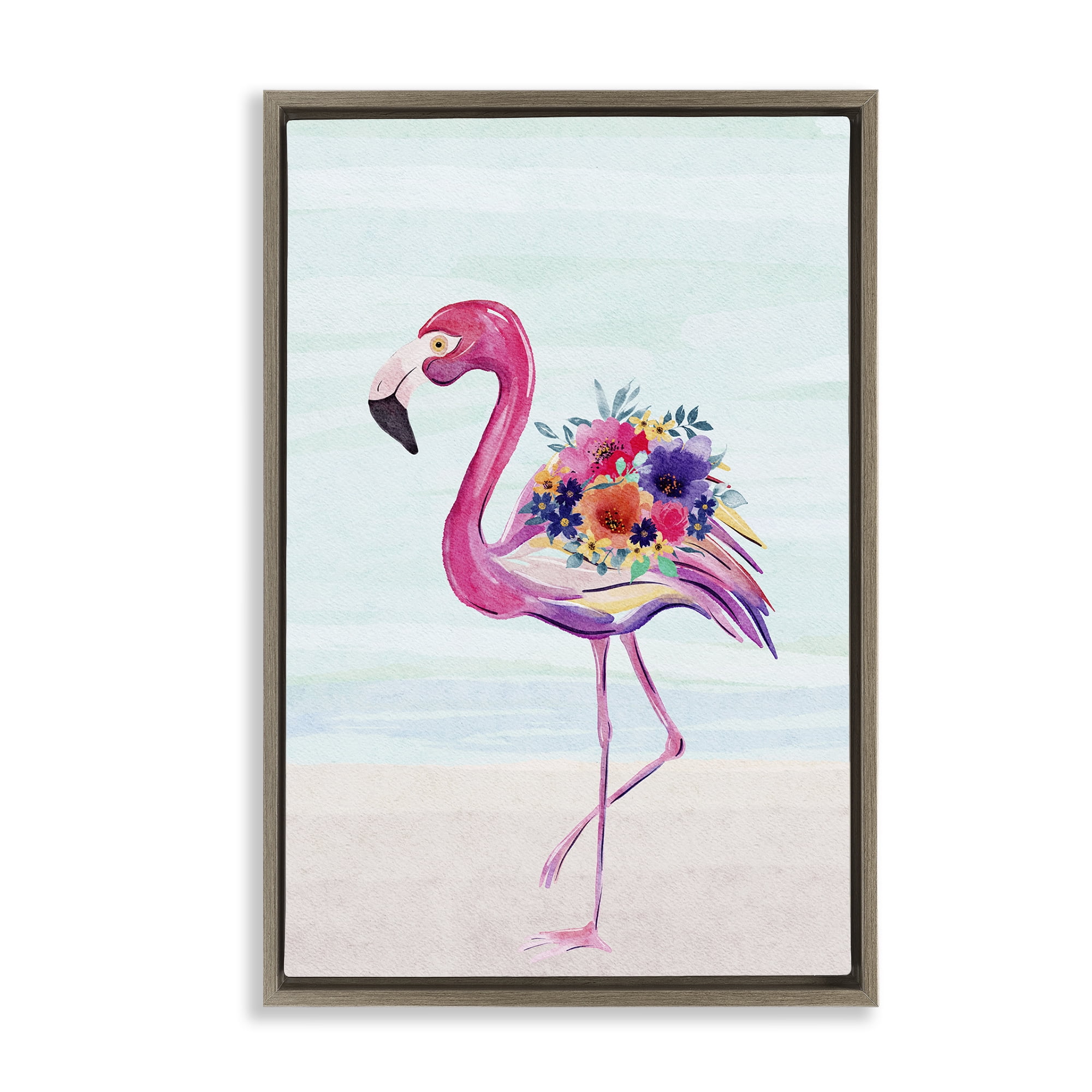 Stupell Industries Floral Flamingo Beach Plants & Flowers Painting Brown Floater Framed Canvas Art Print Wall Art, 17 x 25