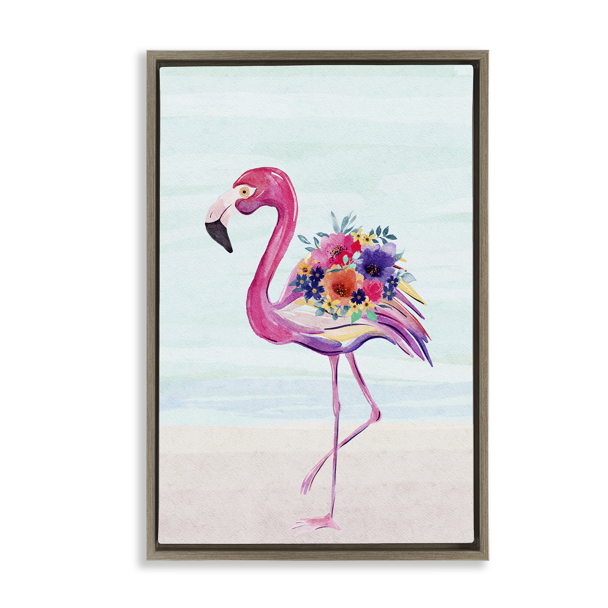 Stupell Industries Floral Flamingo Beach Plants & Flowers Painting Brown Floater Framed Canvas Art Print Wall Art, 21 x 31