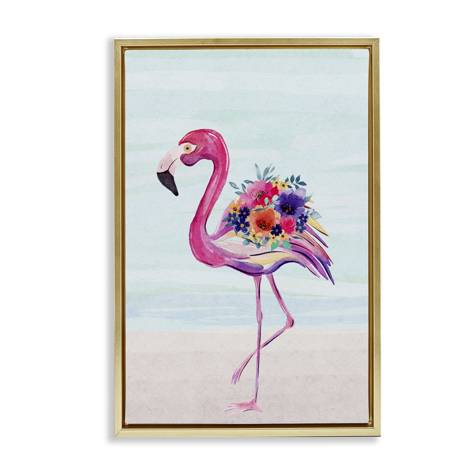 Stupell Industries Floral Flamingo Beach Plants & Flowers Painting Gold Floater Framed Canvas Art Print Wall Art, 17 x 25