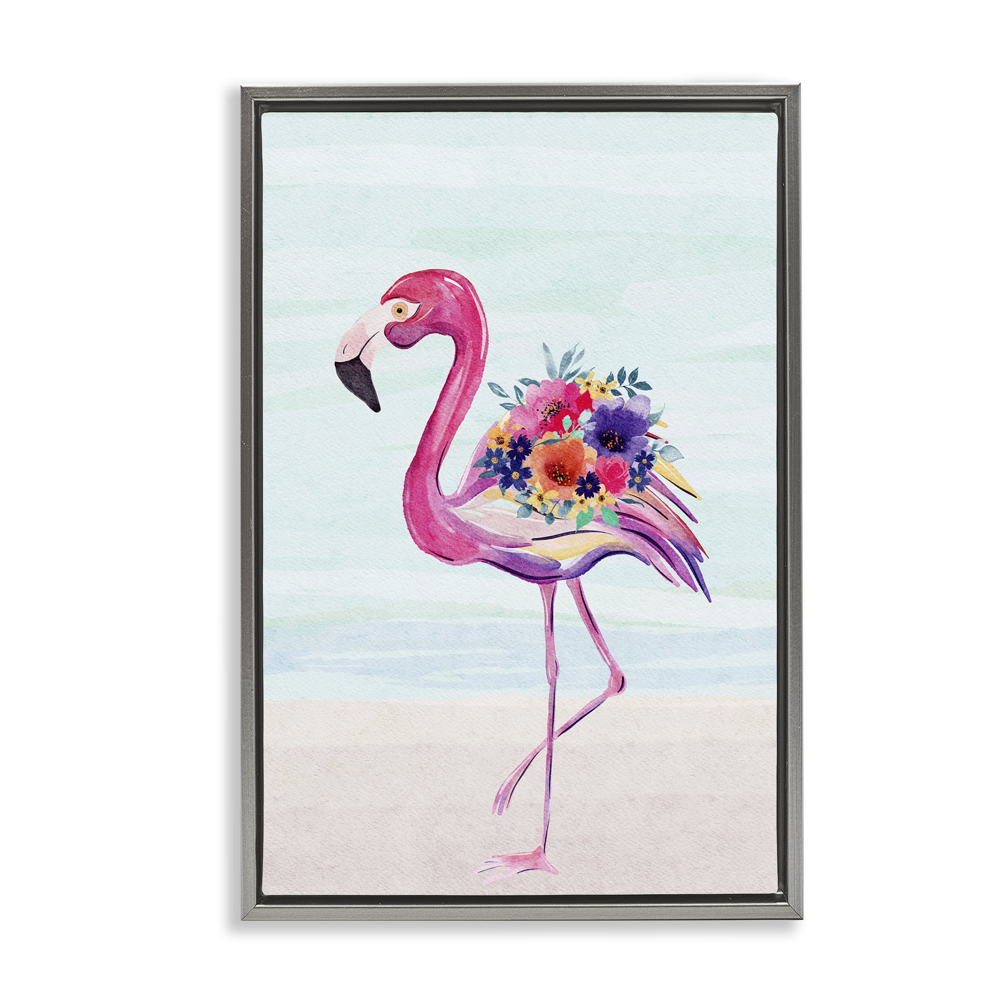 Stupell Industries Floral Flamingo Beach Plants & Flowers Painting Gray Floater Framed Canvas Art Print Wall Art, 21 x 31
