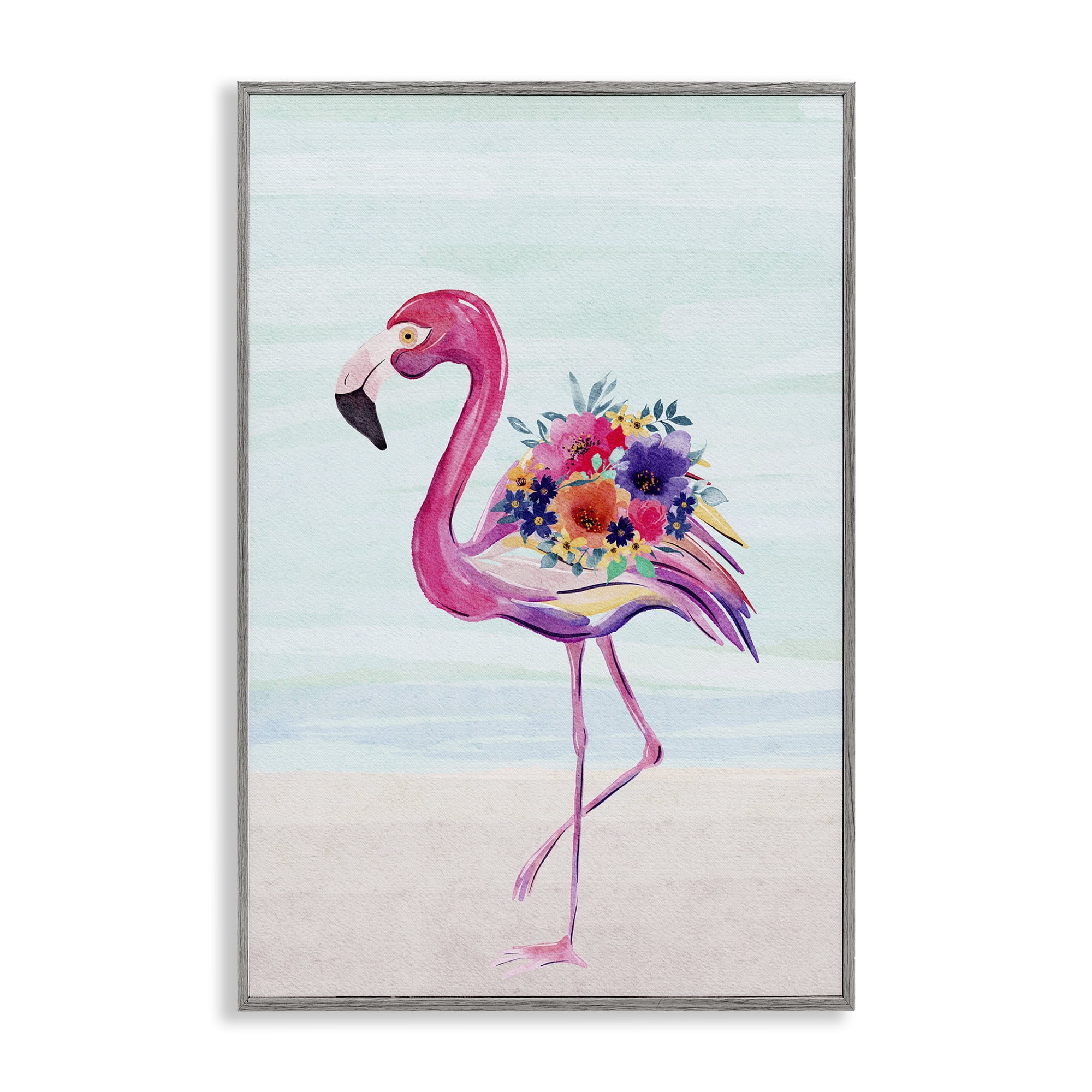 Stupell Industries Floral Flamingo Beach Plants & Flowers Painting Gray Framed Art Print Wall Art, 12 x 18