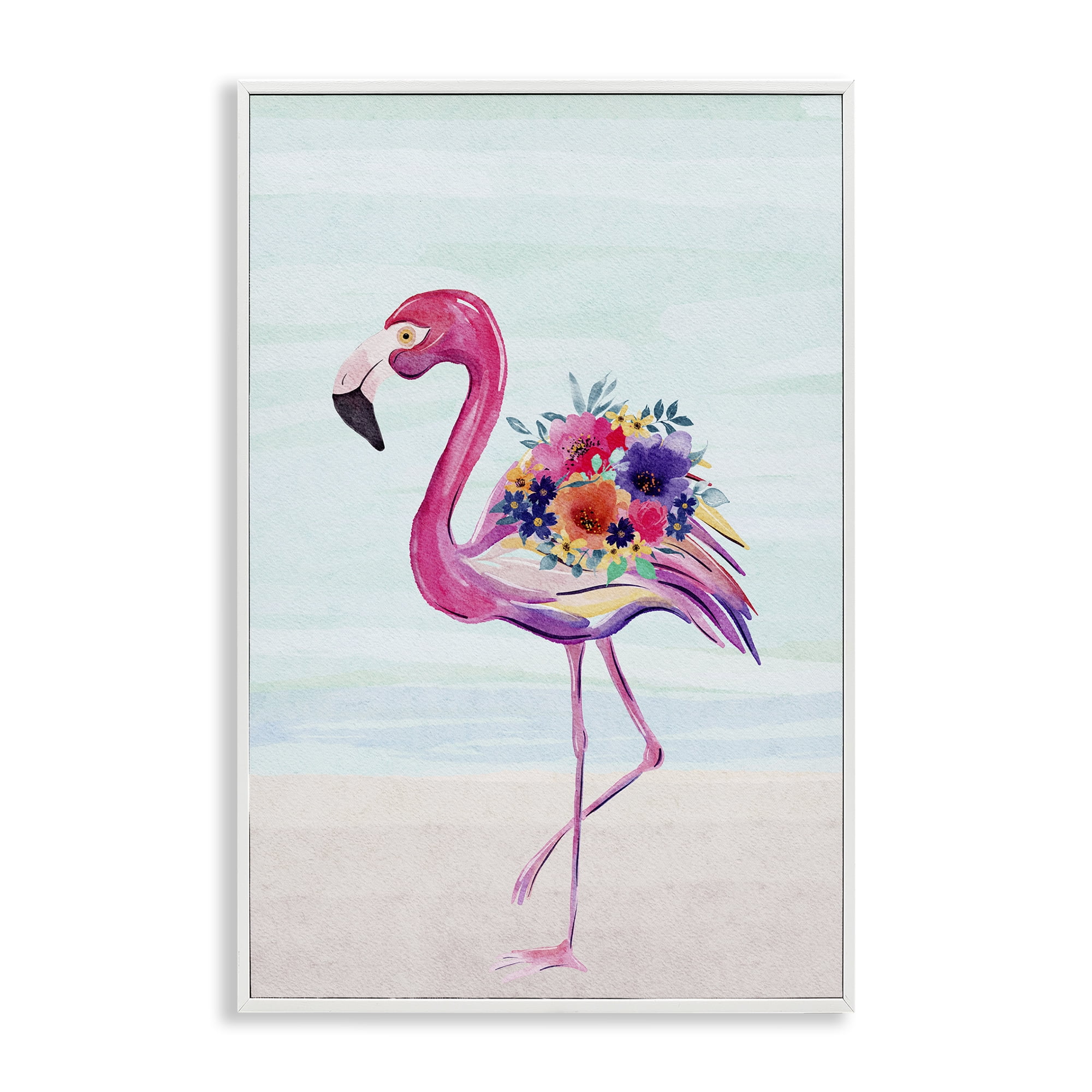 Stupell Industries Floral Flamingo Beach Plants & Flowers Painting White Framed Art Print Wall Art, 16 x 24