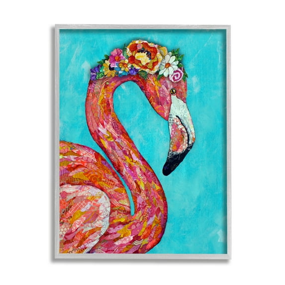 Stupell Industries Floral Flamingo Bird Bold Saturated Blossoms Collage Painting Gray Framed Art Print Wall Art, Design by Lisa Morales