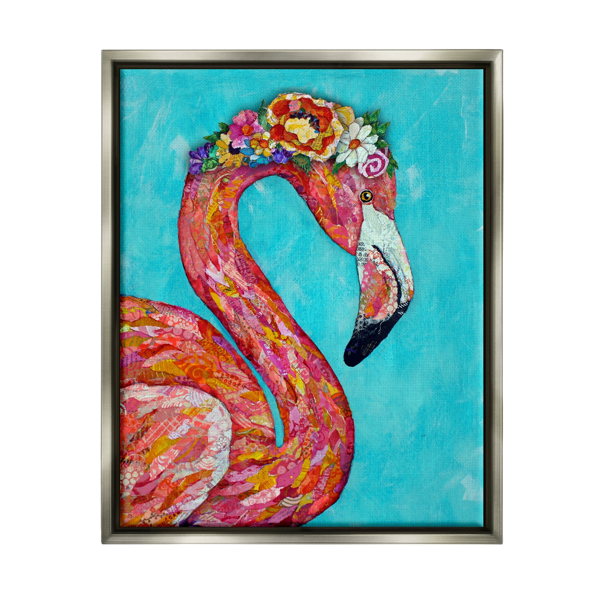 Stupell Industries Floral Flamingo Bird Bold Saturated Blossoms Collage Painting Luster Gray Floating Framed Canvas Print Wall Art, Design by Lisa Morales