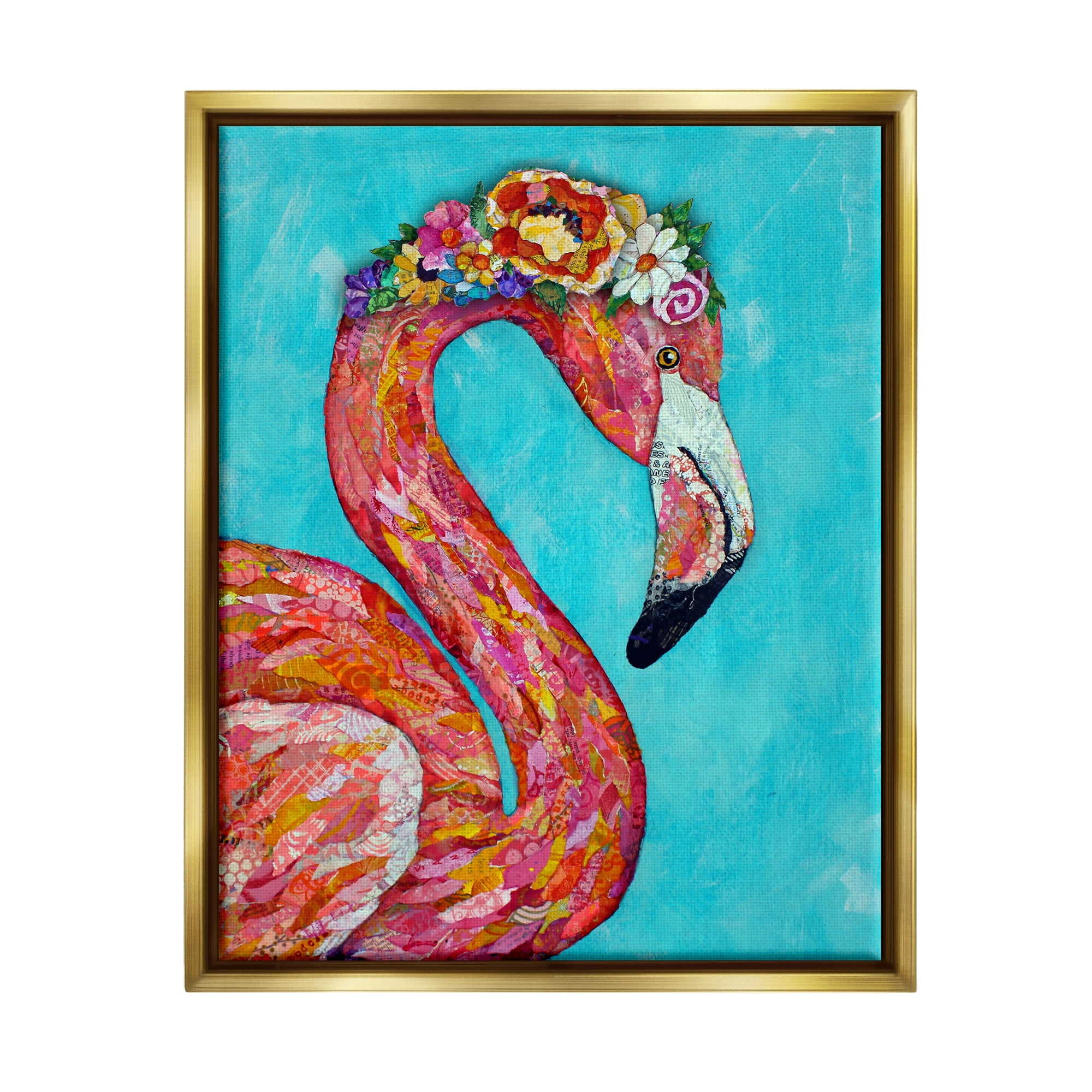 Stupell Industries Floral Flamingo Bird Bold Saturated Blossoms Collage Painting Metallic Gold Floating Framed Canvas Print Wall Art, Design by Lisa Morales