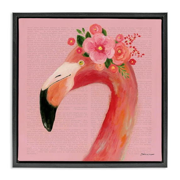 Stupell Industries Floral Flamingo Pink Portrait Animals & Insects Painting Black Floater Framed Canvas Art Print Wall Art, 18 x 18