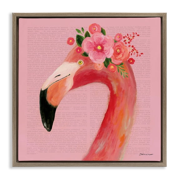 Stupell Industries Floral Flamingo Pink Portrait Animals & Insects Painting Brown Floater Framed Canvas Art Print Wall Art, 25 x 25