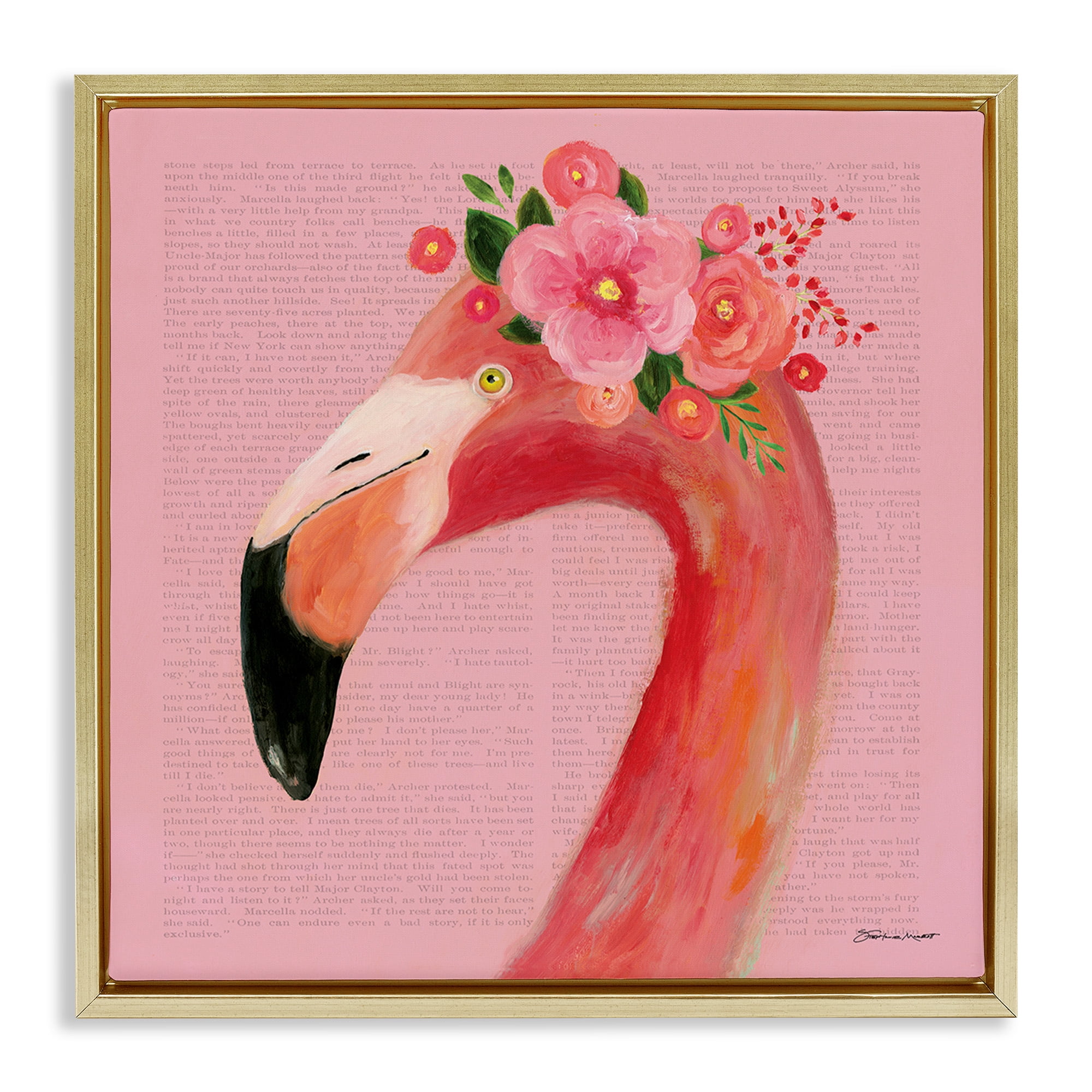 Stupell Industries Floral Flamingo Pink Portrait Animals & Insects Painting Gold Floater Framed Canvas Art Print Wall Art, 18 x 18