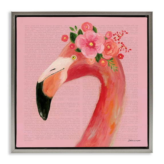 Stupell Industries Floral Flamingo Pink Portrait Animals & Insects Painting Gray Floater Framed Canvas Art Print Wall Art, 25 x 25