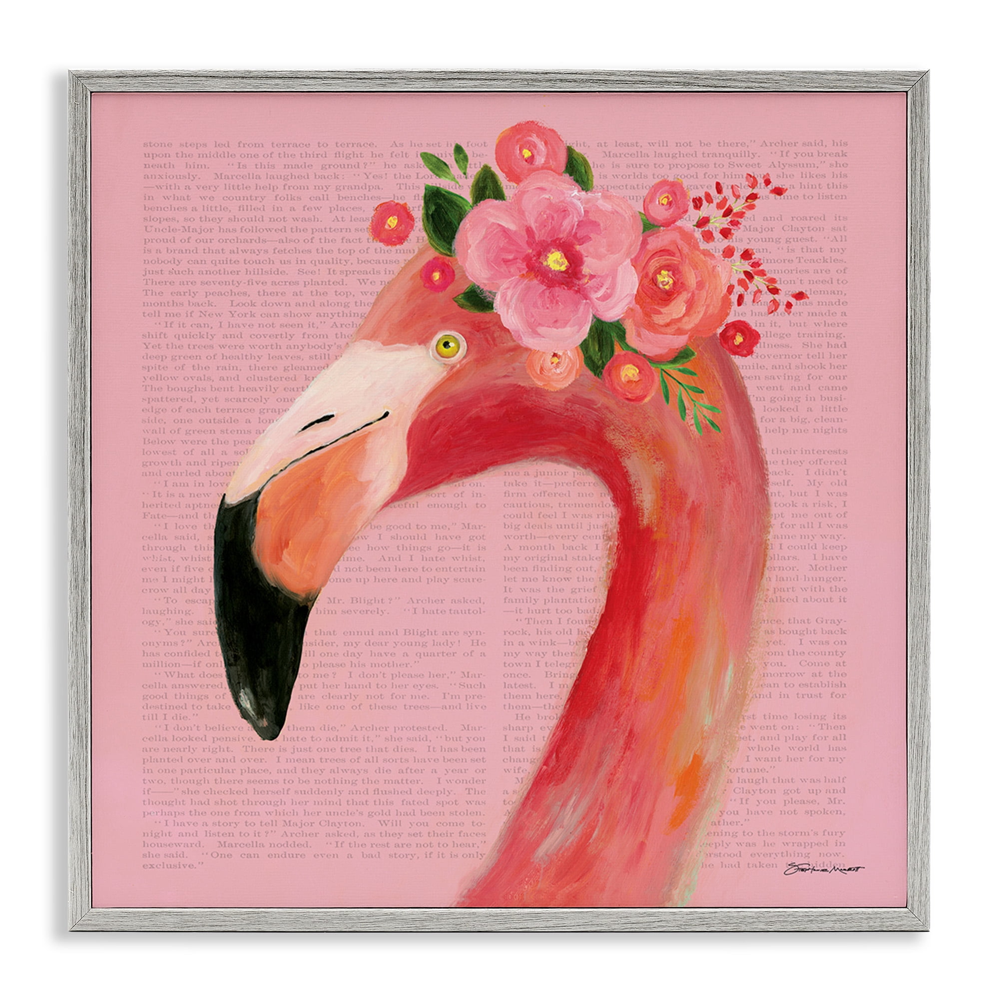 Stupell Industries Floral Flamingo Pink Portrait Animals & Insects Painting Gray Framed Art Print Wall Art, 12 x 12