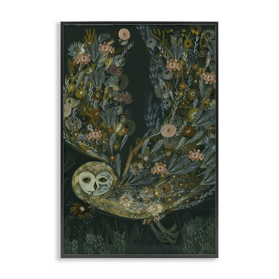 Stupell Industries Floral Folk Barn Owl Animals Painting Black Framed Art Print Wall Art, 12 x 18