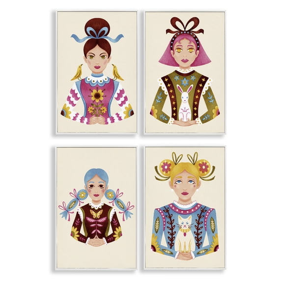 Stupell Industries Floral Folk Women Portraits Portrait Painting White Framed Art Print Wall Art, 12 x 18, Set of 4