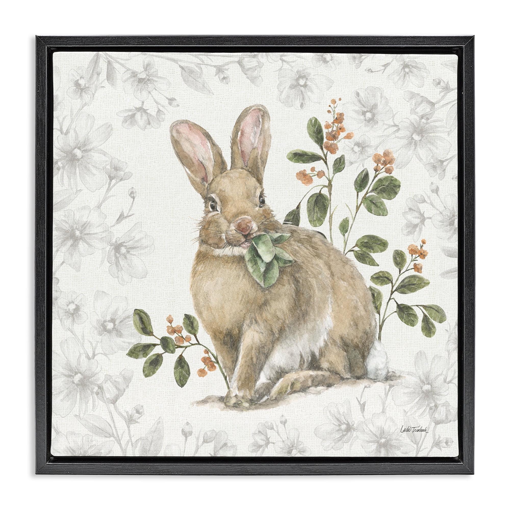 Stupell Industries Floral Garden Bunny Animals & Insects Painting Black Floater Framed Canvas Art Print Wall Art, 25 x 25