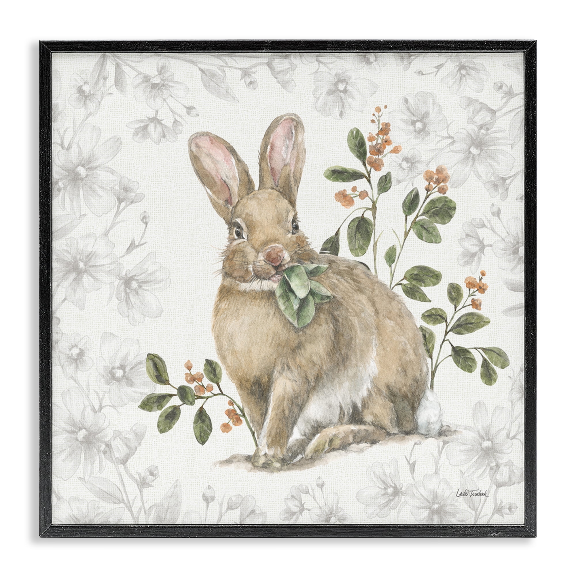 Black Framed Floral Garden Bunny Print, 17 x 17