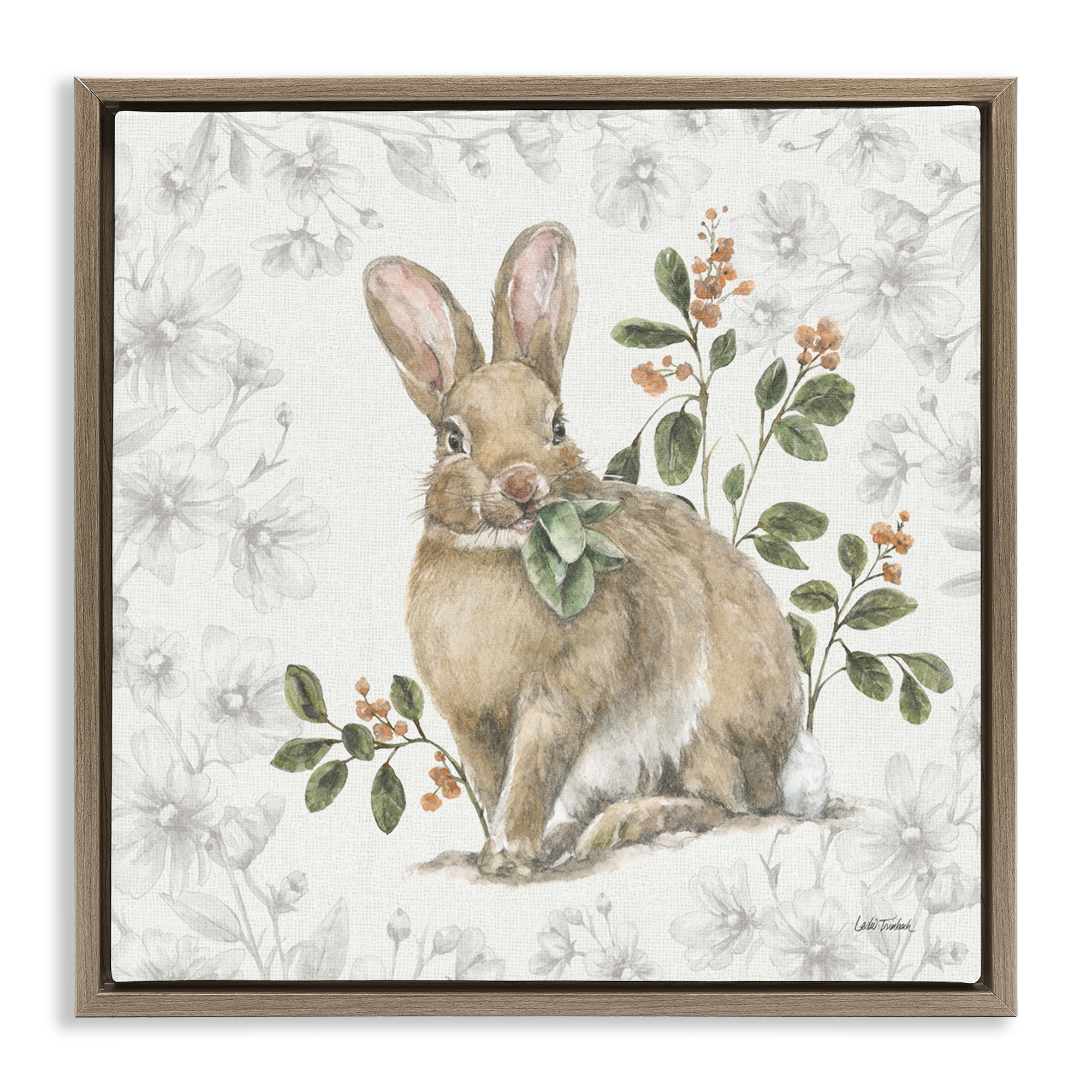 Stupell Industries Floral Garden Bunny Animals & Insects Painting Brown Floater Framed Canvas Art Print Wall Art, 18 x 18
