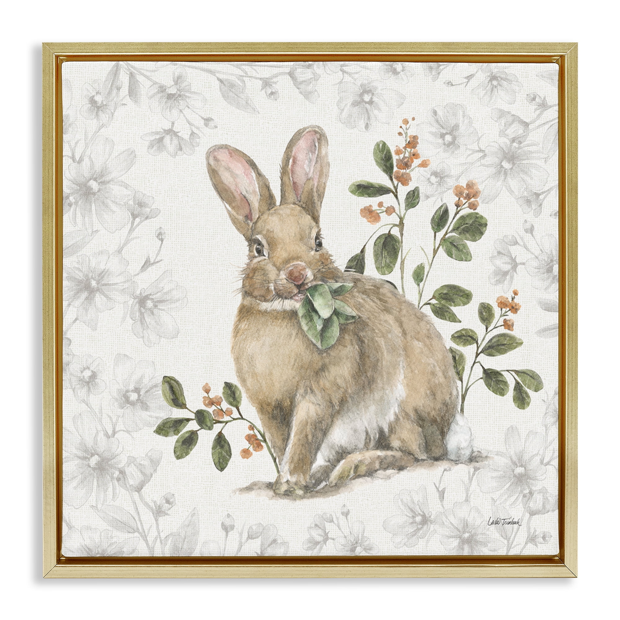 Stupell Industries Floral Garden Bunny Animals & Insects Painting Gold Floater Framed Canvas Art Print Wall Art, 18 x 18