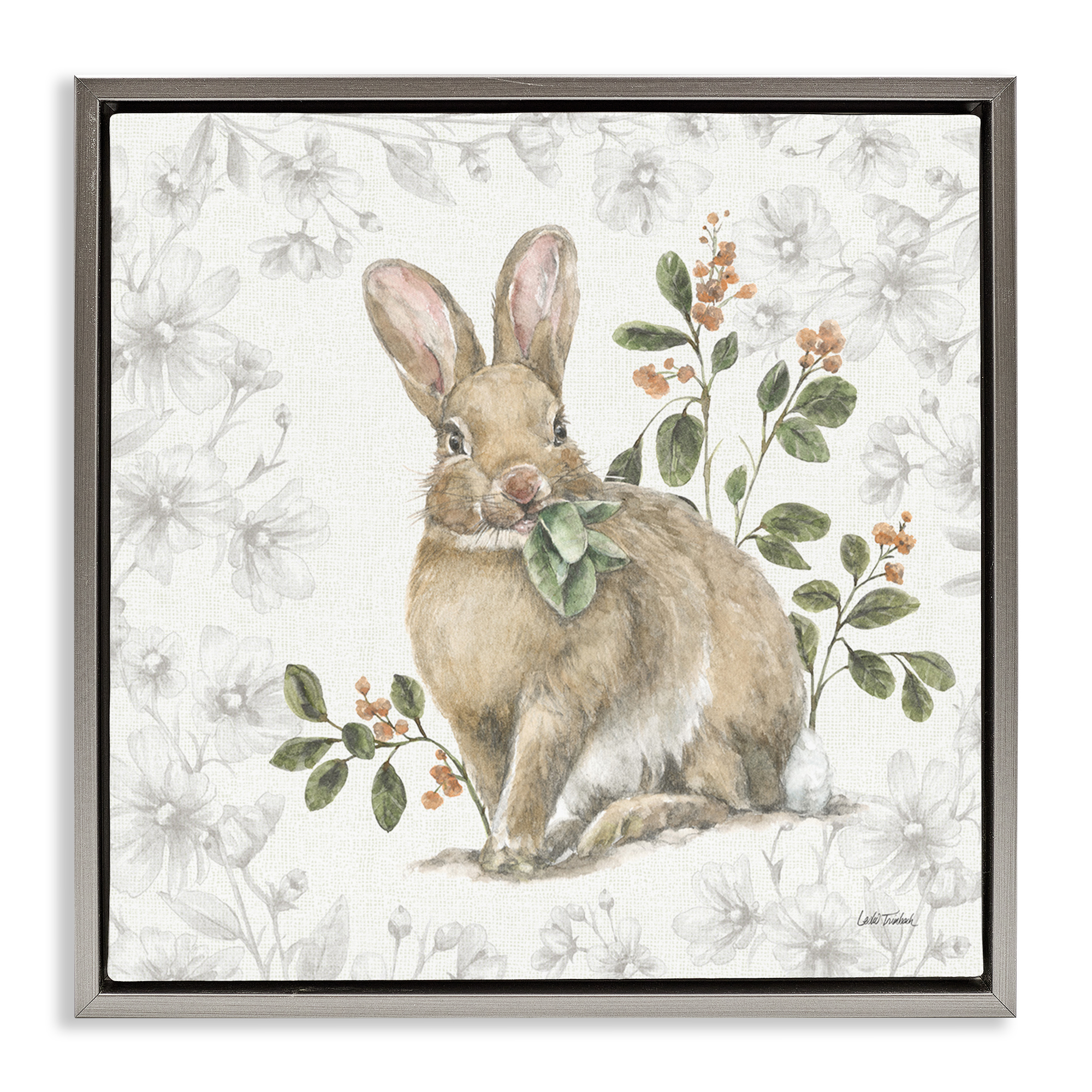 Stupell Industries Floral Garden Bunny Animals & Insects Painting Gray Floater Framed Canvas Art Print Wall Art, 18 x 18
