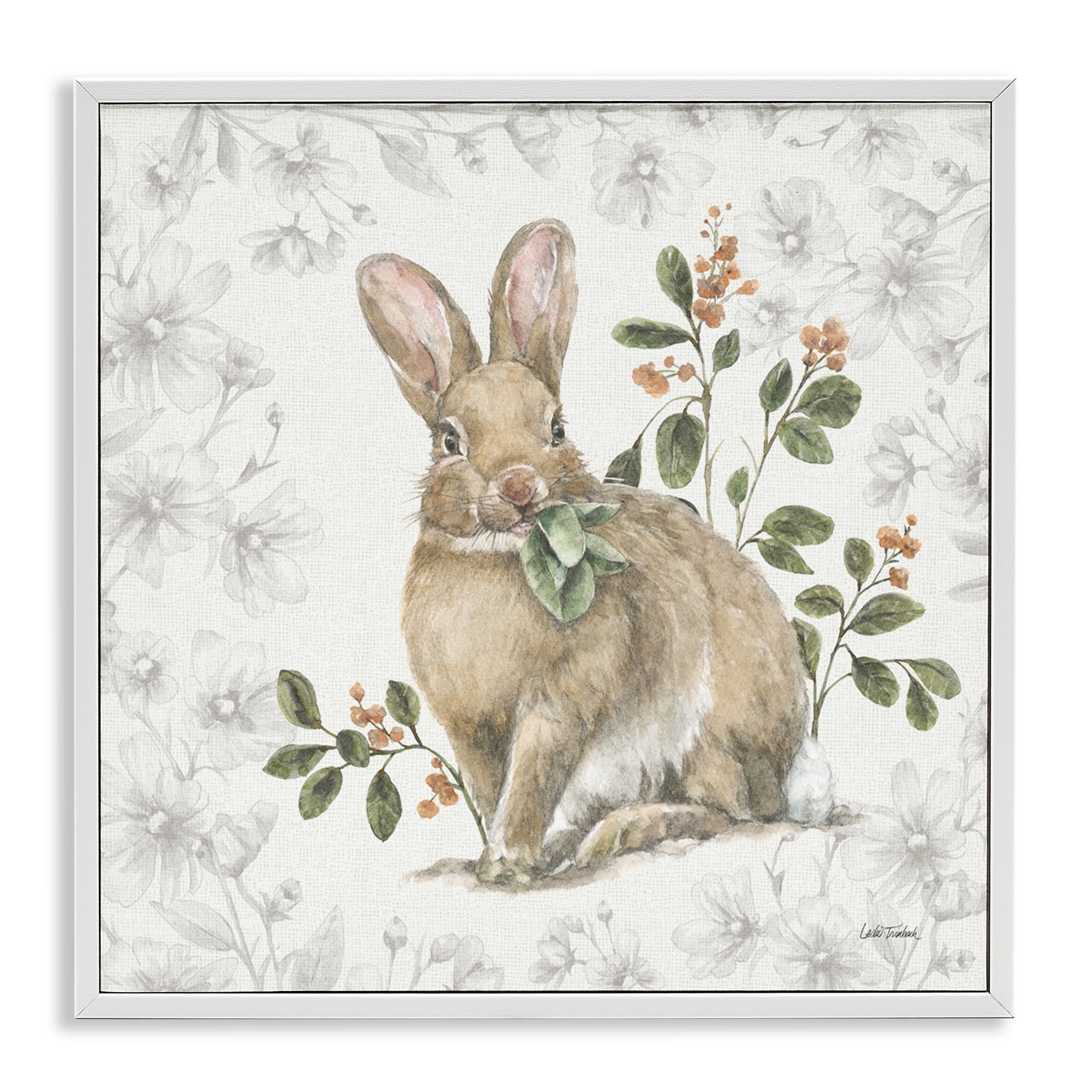 Stupell Industries Floral Garden Bunny Animals & Insects Painting White Framed Art Print Wall Art, 24 x 24