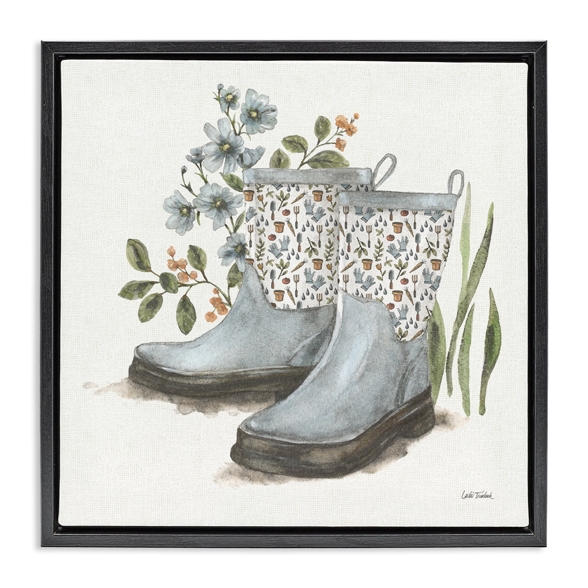 Stupell Industries Floral Gardening Boots Botanical & Floral Painting Black Floater Framed Canvas Art Print Wall Art, 25 x 25