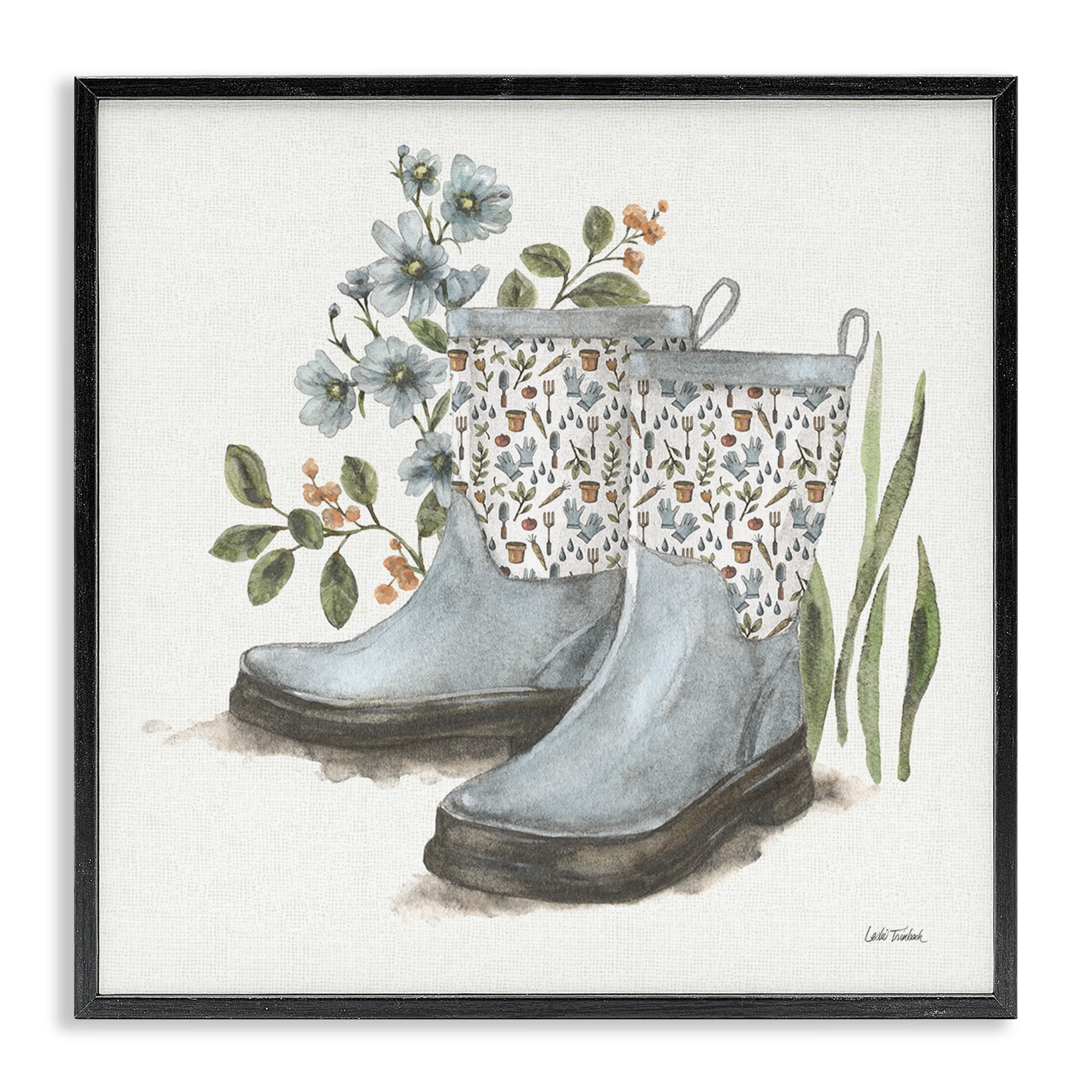 Stupell Industries Floral Gardening Boots Botanical & Floral Painting Black Framed Art Print Wall Art, 12 x 12