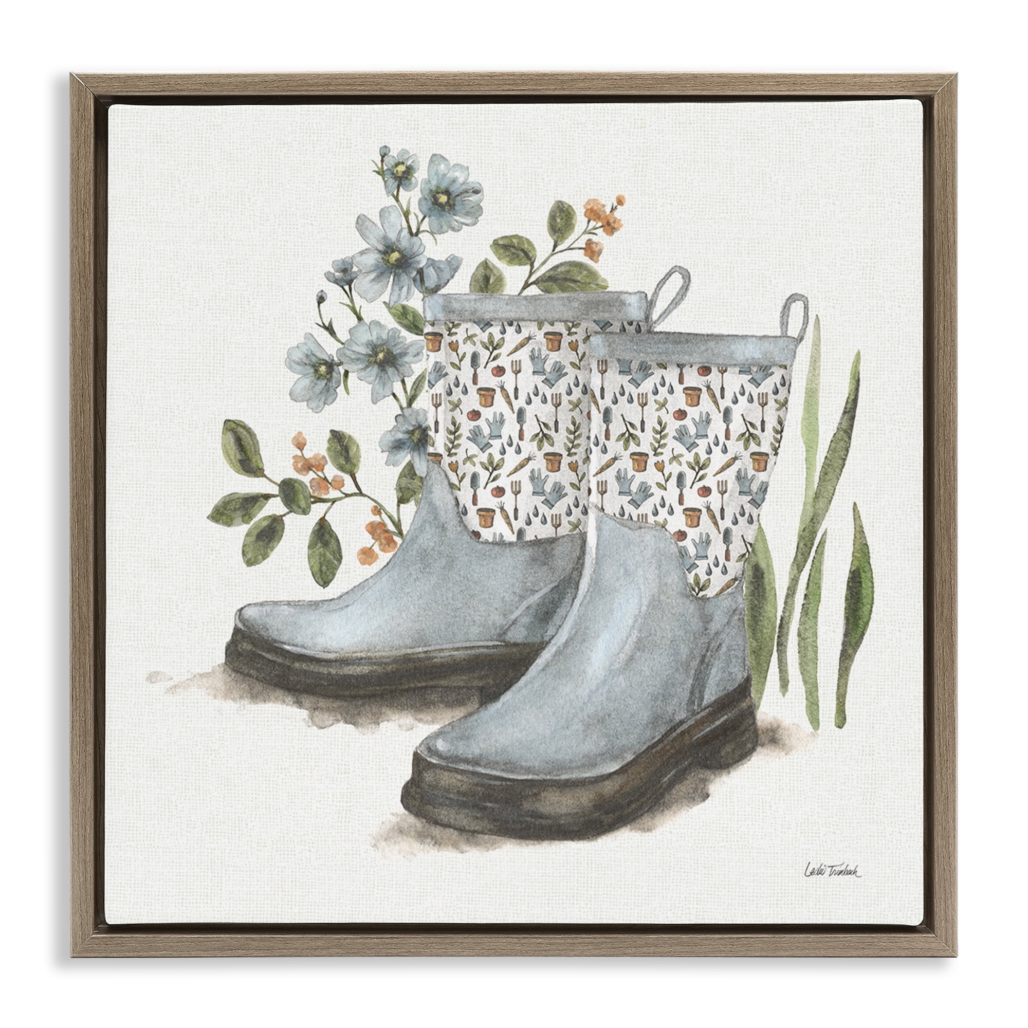 Stupell Industries Floral Gardening Boots Botanical & Floral Painting Brown Floater Framed Canvas Art Print Wall Art, 18 x 18