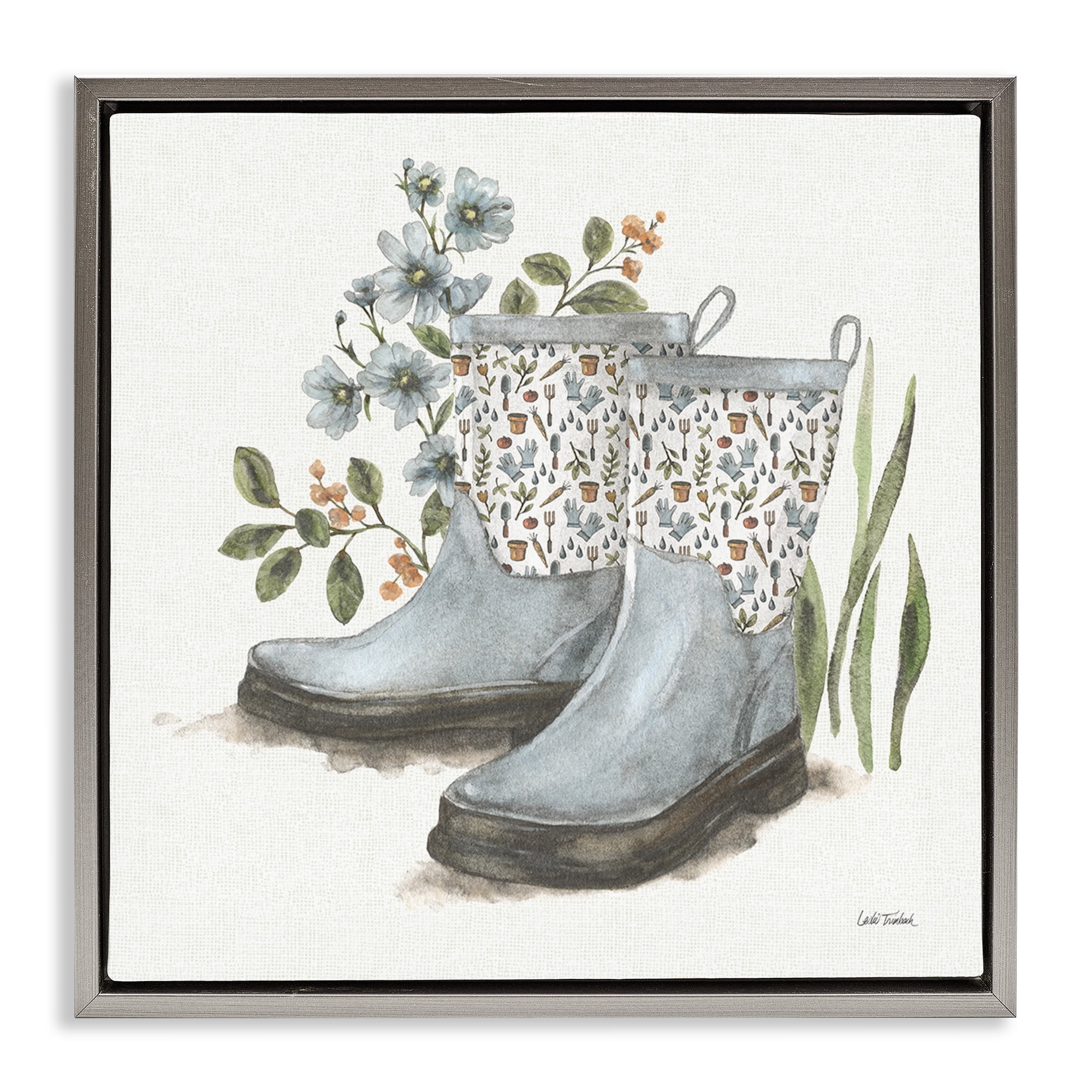 Stupell Industries Floral Gardening Boots Botanical & Floral Painting Gray Floater Framed Canvas Art Print Wall Art, 18 x 18
